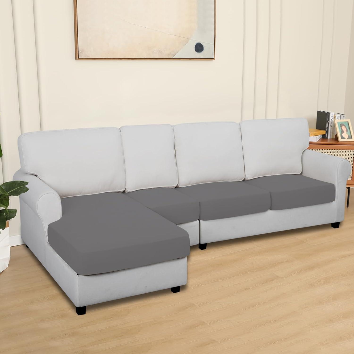 image:imageEasyGoing 100 Waterproof 4 Pieces Couch Cushion Covers for Sectional Sofa LeftRight L Shape Chaise Lounge Sofa Seat slipcover AntiSlip Sofa Cover 3 Seater 1 Chaise Dark GrayLight Gray