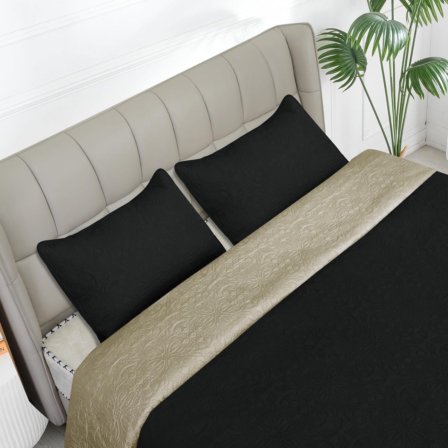 image:imageEasyGoing FullQueen Size Reversible Quilt Set with 1 Quilt and 2 Pillow Shams Soft Bed Quilt Cover Lightweight Microfiber Bedspread Water and Stain Resistant GrayLight GrayDamaskblackBeige