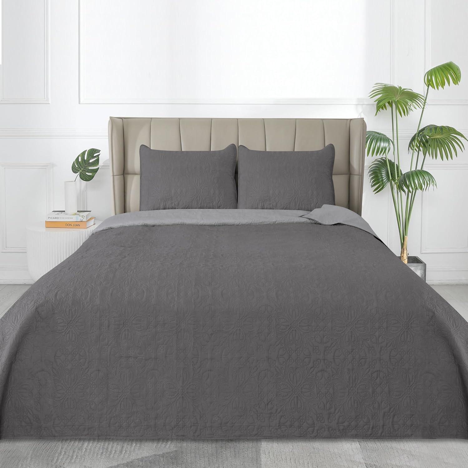 image:imageEasyGoing FullQueen Size Reversible Quilt Set with 1 Quilt and 2 Pillow Shams Soft Bed Quilt Cover Lightweight Microfiber Bedspread Water and Stain Resistant GrayLight GrayDamaskgrayLight Gray