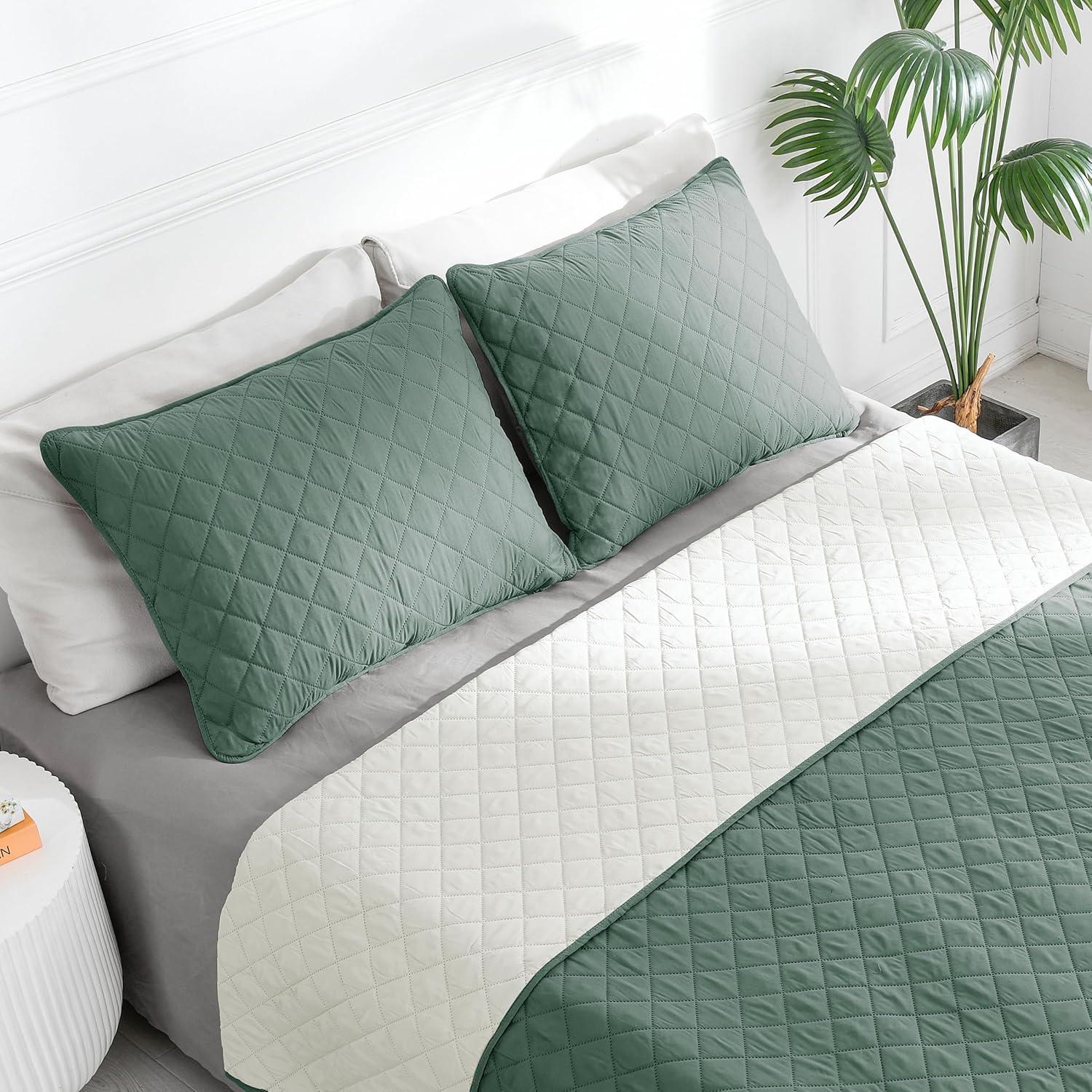 image:imageEasyGoing FullQueen Size Reversible Quilt Set with 1 Quilt and 2 Pillow Shams Soft Bed Quilt Cover Lightweight Microfiber Bedspread Water and Stain Resistant GrayLight GrayCyanIvory