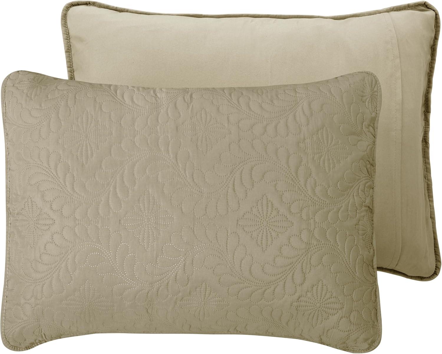 image:imageEasyGoing FullQueen Size Reversible Quilt Set with 1 Quilt and 2 Pillow Shams Soft Bed Quilt Cover Lightweight Microfiber Bedspread Water and Stain Resistant GrayLight GrayOlive LeafbeigeBeige