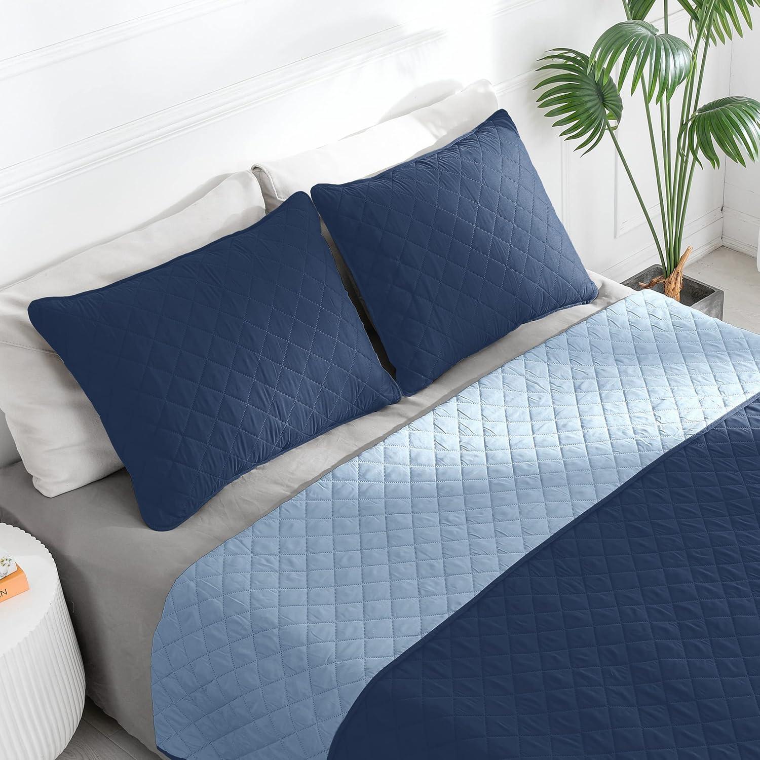 image:imageEasyGoing FullQueen Size Reversible Quilt Set with 1 Quilt and 2 Pillow Shams Soft Bed Quilt Cover Lightweight Microfiber Bedspread Water and Stain Resistant GrayLight GrayDark BlueLight Blue