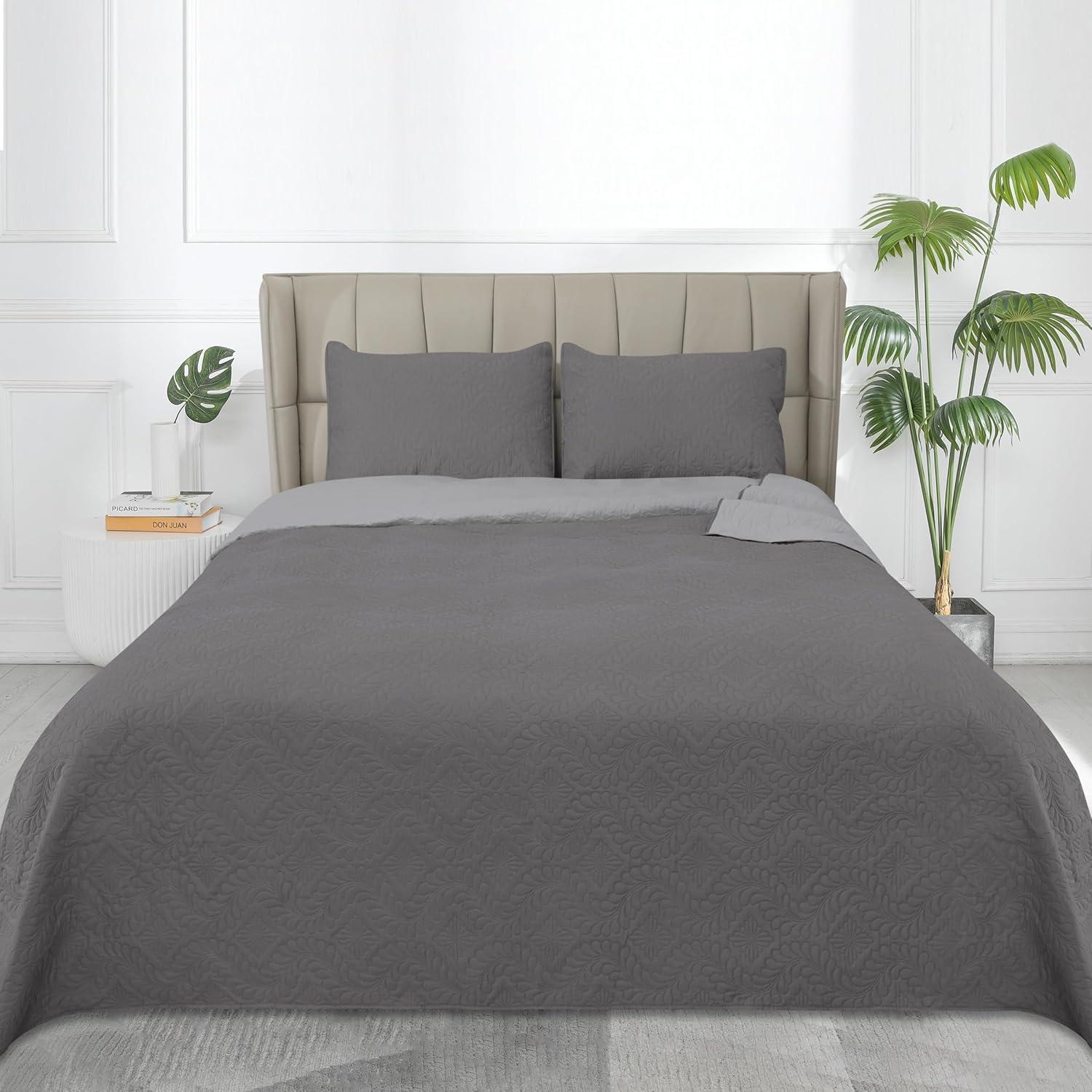 image:imageEasyGoing FullQueen Size Reversible Quilt Set with 1 Quilt and 2 Pillow Shams Soft Bed Quilt Cover Lightweight Microfiber Bedspread Water and Stain Resistant GrayLight GrayOlive LeafgrayLight Gray