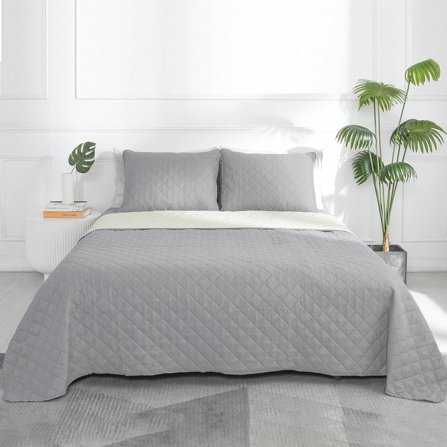 image:imageEasyGoing FullQueen Size Reversible Quilt Set with 1 Quilt and 2 Pillow Shams Soft Bed Quilt Cover Lightweight Microfiber Bedspread Water and Stain Resistant GrayLight GrayLight GrayIvory