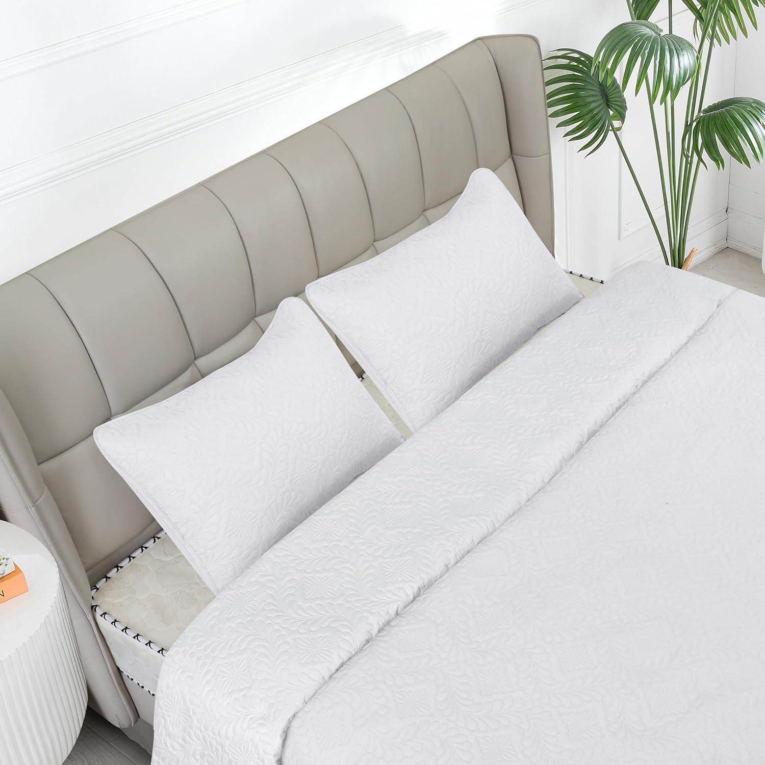 image:imageEasyGoing FullQueen Size Reversible Quilt Set with 1 Quilt and 2 Pillow Shams Soft Bed Quilt Cover Lightweight Microfiber Bedspread Water and Stain Resistant GrayLight GrayOlive LeafwhiteWhite