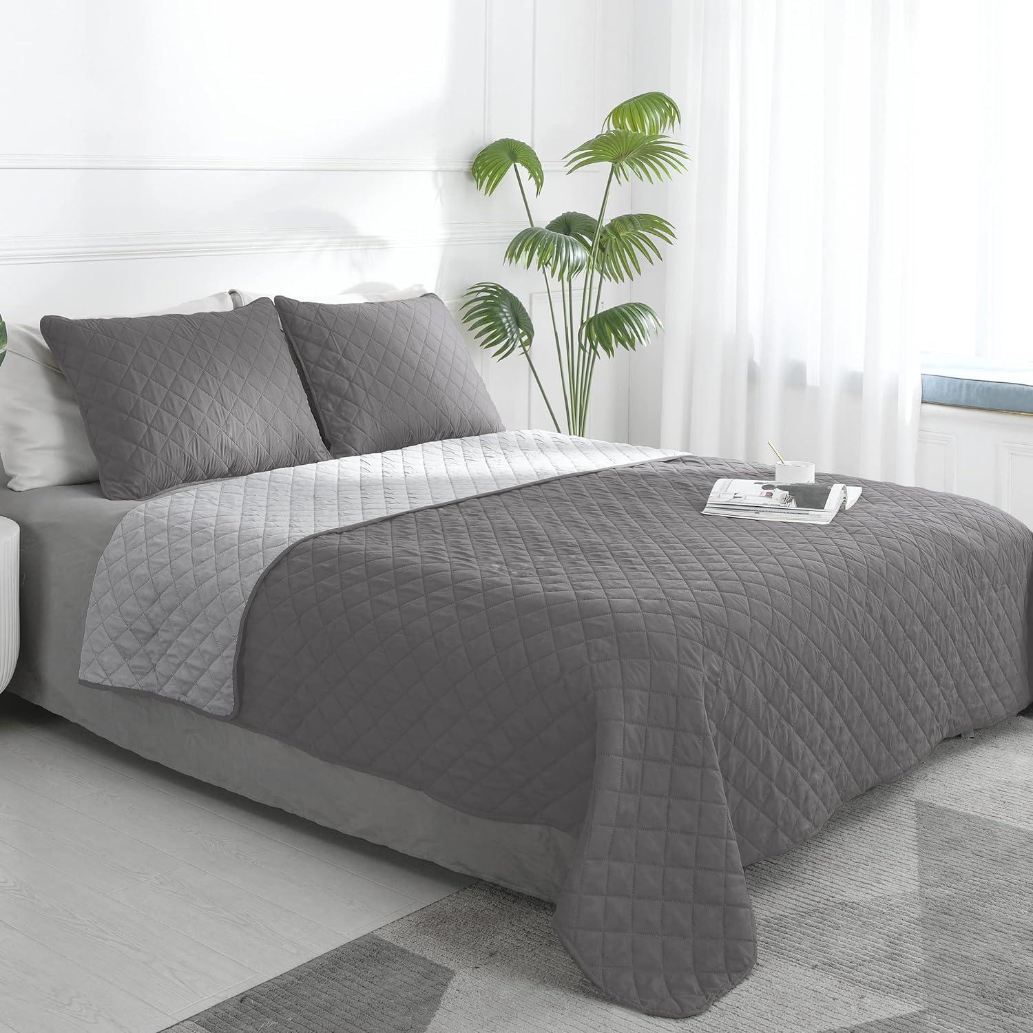 image:imageEasyGoing FullQueen Size Reversible Quilt Set with 1 Quilt and 2 Pillow Shams Soft Bed Quilt Cover Lightweight Microfiber Bedspread Water and Stain Resistant GrayLight GrayGrayLight Gray