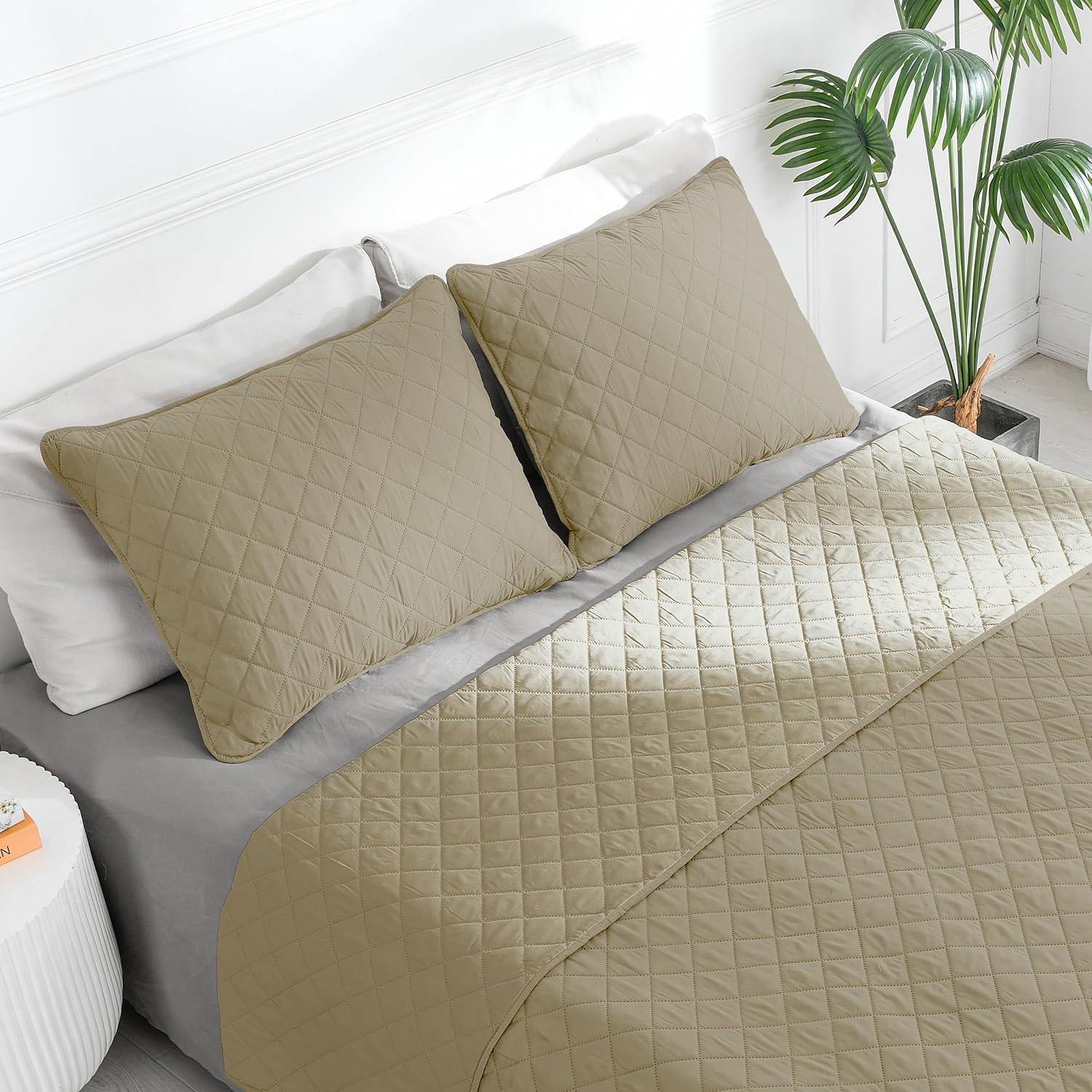 image:imageEasyGoing FullQueen Size Reversible Quilt Set with 1 Quilt and 2 Pillow Shams Soft Bed Quilt Cover Lightweight Microfiber Bedspread Water and Stain Resistant GrayLight GrayBeigeBeige
