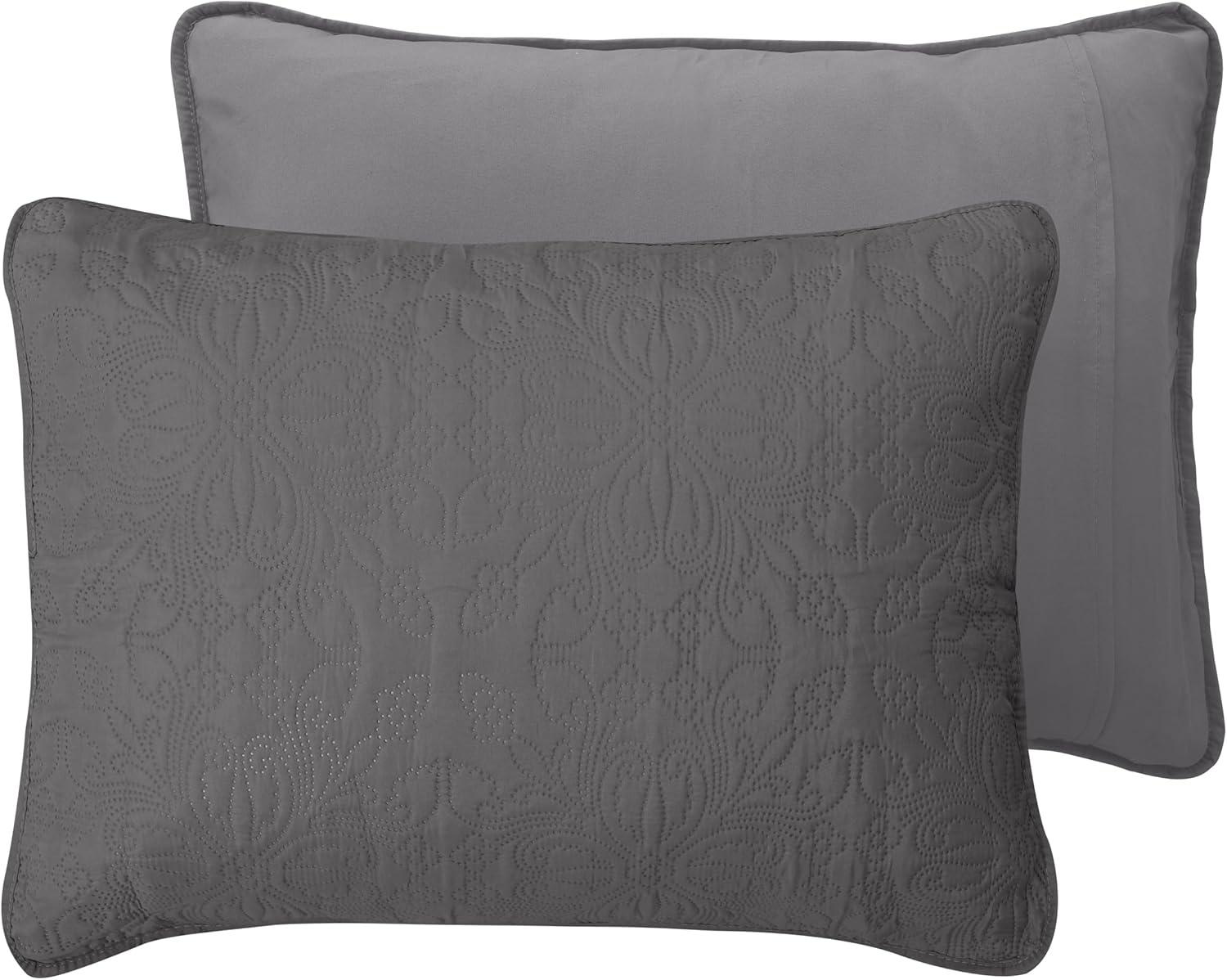 image:imageEasyGoing FullQueen Size Reversible Quilt Set with 1 Quilt and 2 Pillow Shams Soft Bed Quilt Cover Lightweight Microfiber Bedspread Water and Stain Resistant GrayLight GrayDamaskgrayLight Gray