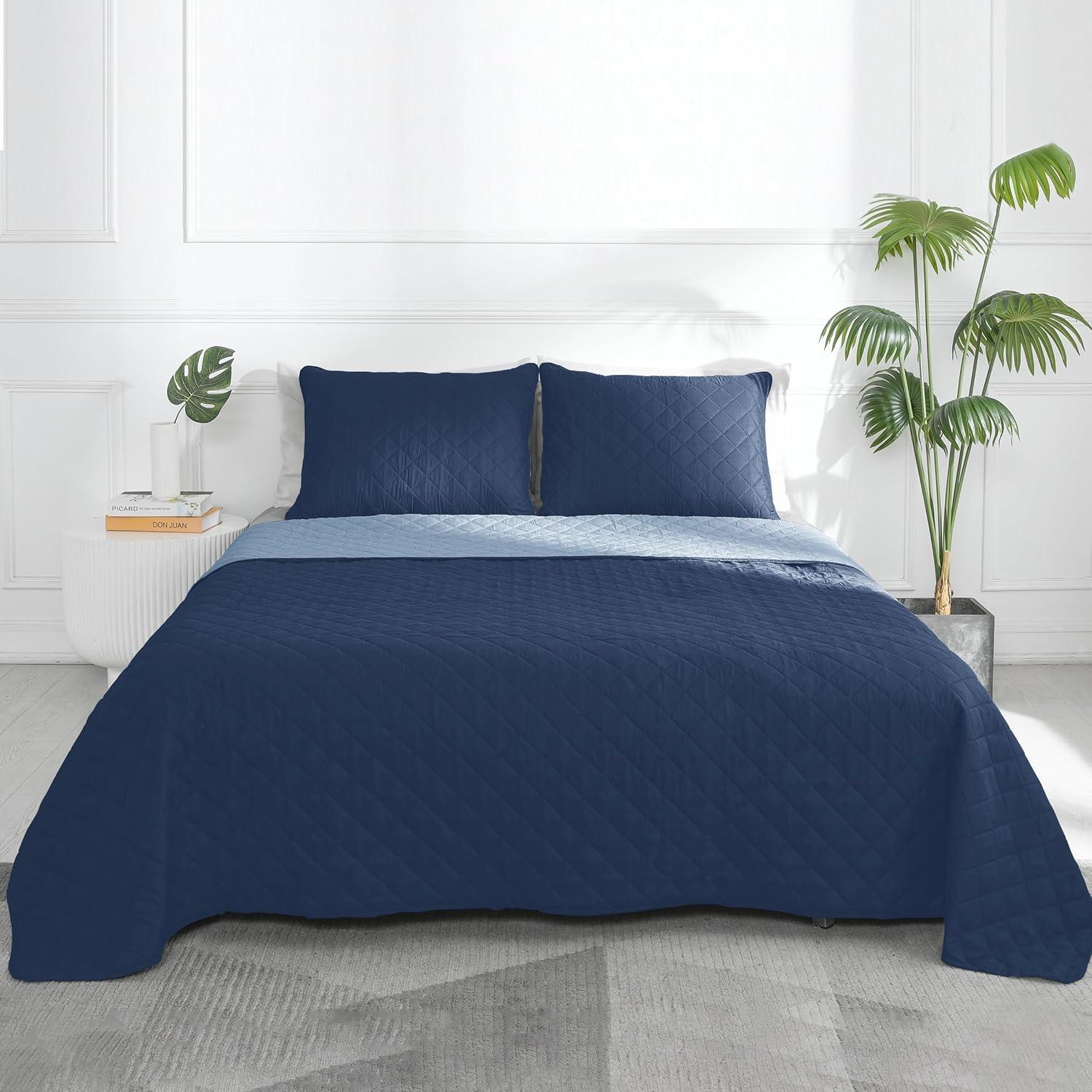 image:imageEasyGoing FullQueen Size Reversible Quilt Set with 1 Quilt and 2 Pillow Shams Soft Bed Quilt Cover Lightweight Microfiber Bedspread Water and Stain Resistant GrayLight GrayDark BlueLight Blue