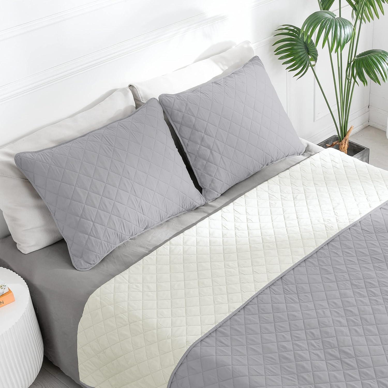 image:imageEasyGoing FullQueen Size Reversible Quilt Set with 1 Quilt and 2 Pillow Shams Soft Bed Quilt Cover Lightweight Microfiber Bedspread Water and Stain Resistant GrayLight GrayLight GrayIvory
