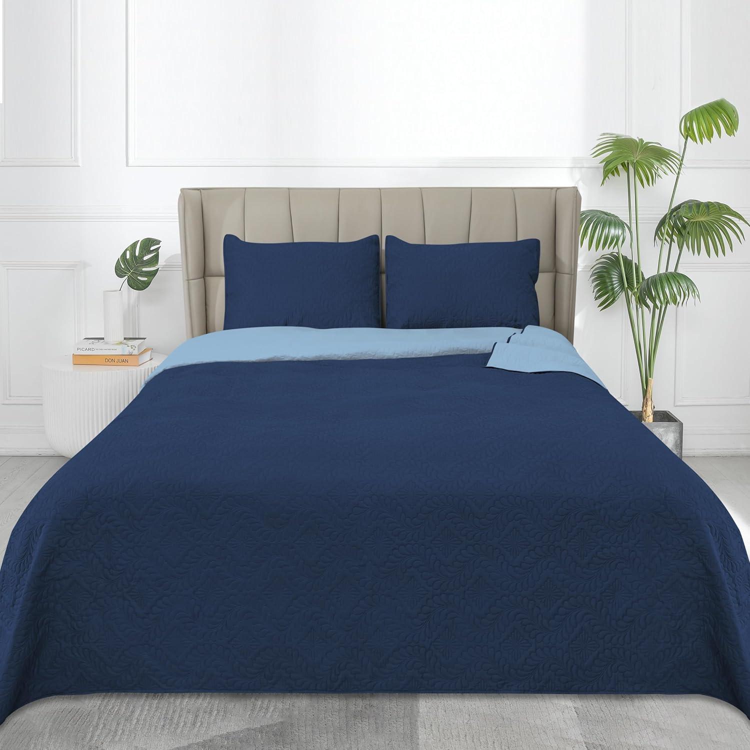 image:imageEasyGoing FullQueen Size Reversible Quilt Set with 1 Quilt and 2 Pillow Shams Soft Bed Quilt Cover Lightweight Microfiber Bedspread Water and Stain Resistant GrayLight GrayOlive Leafdark BlueLight Blue
