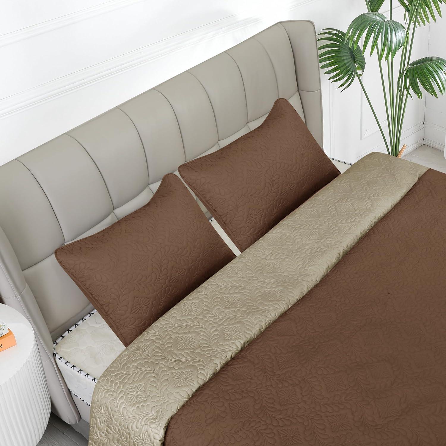 image:imageEasyGoing FullQueen Size Reversible Quilt Set with 1 Quilt and 2 Pillow Shams Soft Bed Quilt Cover Lightweight Microfiber Bedspread Water and Stain Resistant GrayLight GrayOlive LeafbrownBeige