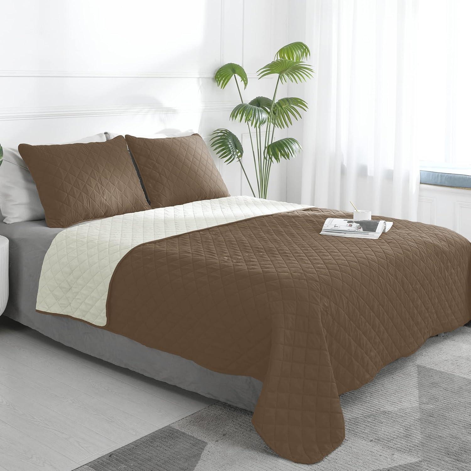 image:imageEasyGoing FullQueen Size Reversible Quilt Set with 1 Quilt and 2 Pillow Shams Soft Bed Quilt Cover Lightweight Microfiber Bedspread Water and Stain Resistant GrayLight GrayCamelIvory