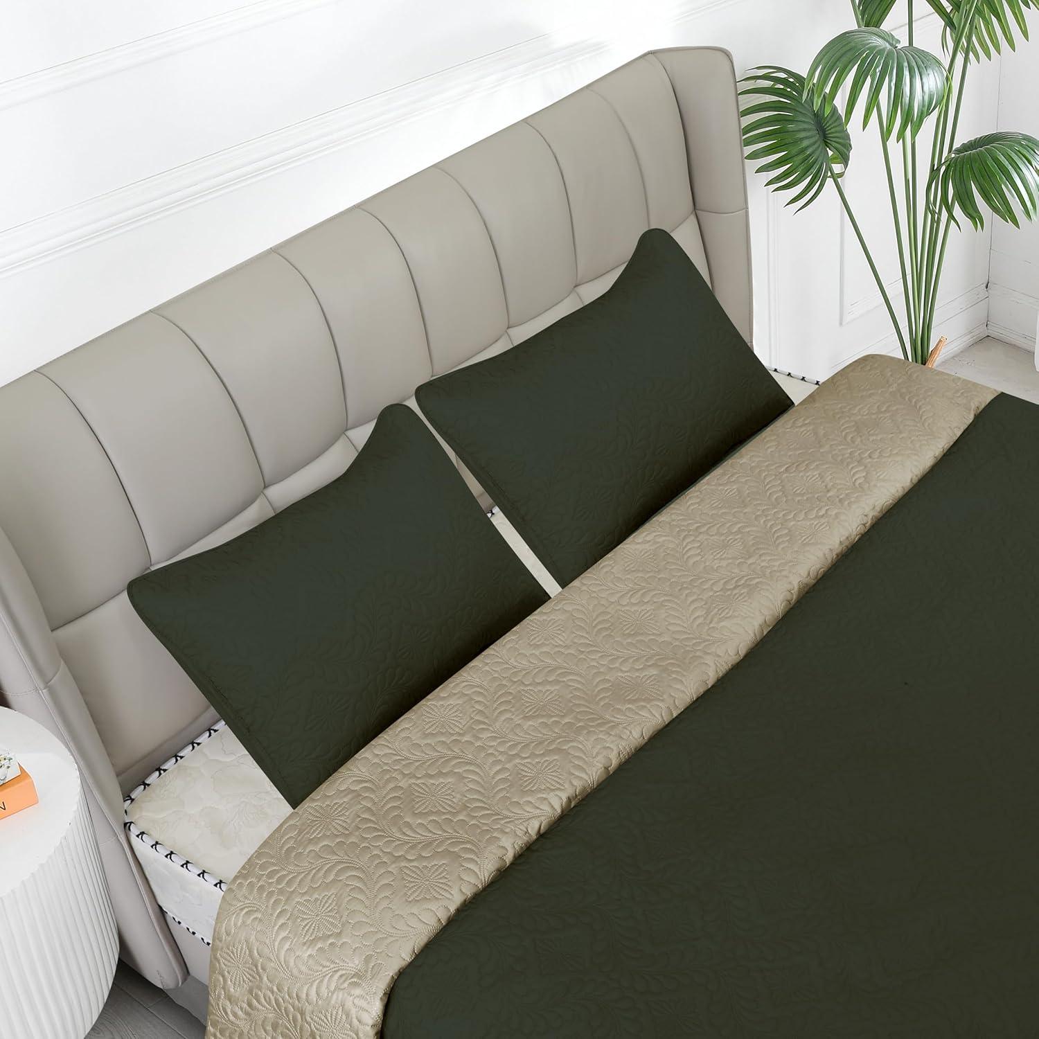 image:imageEasyGoing FullQueen Size Reversible Quilt Set with 1 Quilt and 2 Pillow Shams Soft Bed Quilt Cover Lightweight Microfiber Bedspread Water and Stain Resistant GrayLight GrayOlive Leafarmy GreenBeige