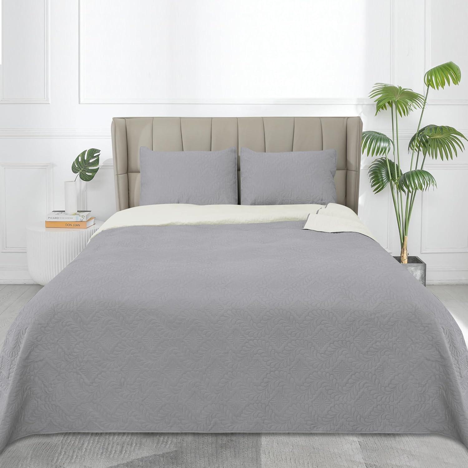image:imageEasyGoing FullQueen Size Reversible Quilt Set with 1 Quilt and 2 Pillow Shams Soft Bed Quilt Cover Lightweight Microfiber Bedspread Water and Stain Resistant GrayLight GrayOlive Leaflight GrayIvory