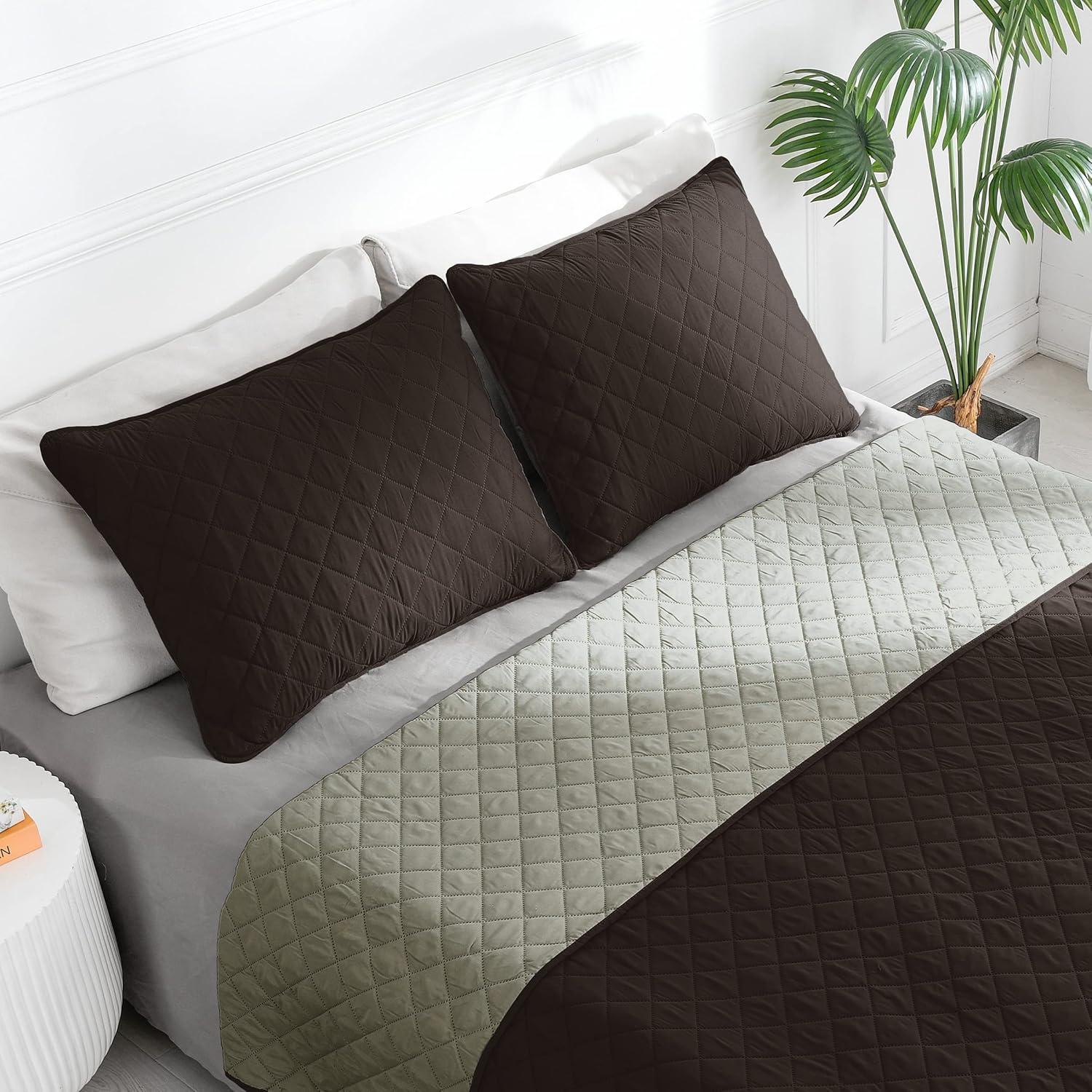 image:imageEasyGoing FullQueen Size Reversible Quilt Set with 1 Quilt and 2 Pillow Shams Soft Bed Quilt Cover Lightweight Microfiber Bedspread Water and Stain Resistant GrayLight GrayChocolateBeige