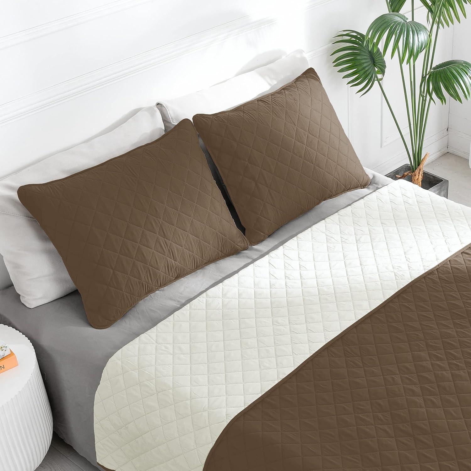 image:imageEasyGoing FullQueen Size Reversible Quilt Set with 1 Quilt and 2 Pillow Shams Soft Bed Quilt Cover Lightweight Microfiber Bedspread Water and Stain Resistant GrayLight GrayCamelIvory