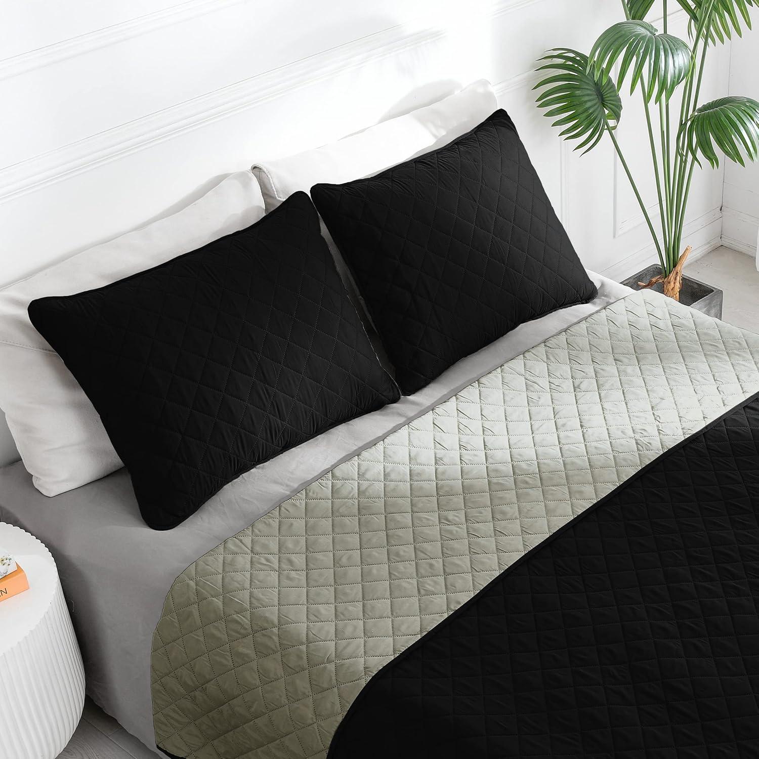 image:imageEasyGoing FullQueen Size Reversible Quilt Set with 1 Quilt and 2 Pillow Shams Soft Bed Quilt Cover Lightweight Microfiber Bedspread Water and Stain Resistant GrayLight GrayBlackBeige