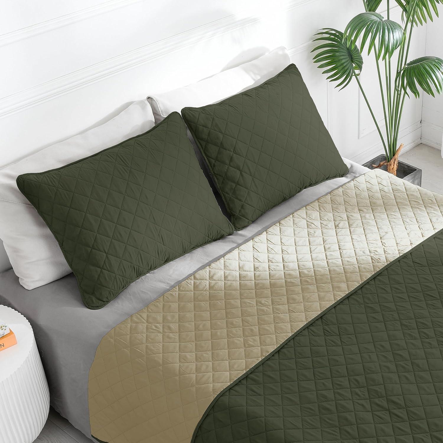 image:imageEasyGoing FullQueen Size Reversible Quilt Set with 1 Quilt and 2 Pillow Shams Soft Bed Quilt Cover Lightweight Microfiber Bedspread Water and Stain Resistant GrayLight GrayArmy GreenBeige