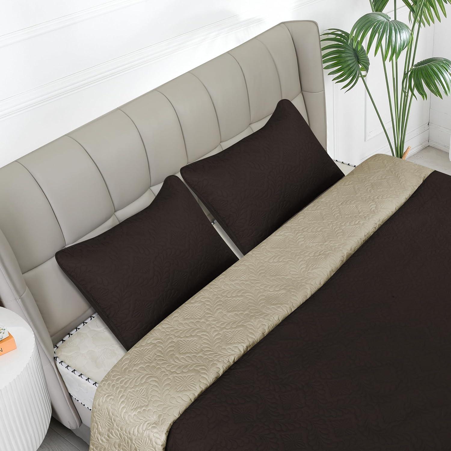 image:imageEasyGoing FullQueen Size Reversible Quilt Set with 1 Quilt and 2 Pillow Shams Soft Bed Quilt Cover Lightweight Microfiber Bedspread Water and Stain Resistant GrayLight GrayOlive LeafchocolateBeige