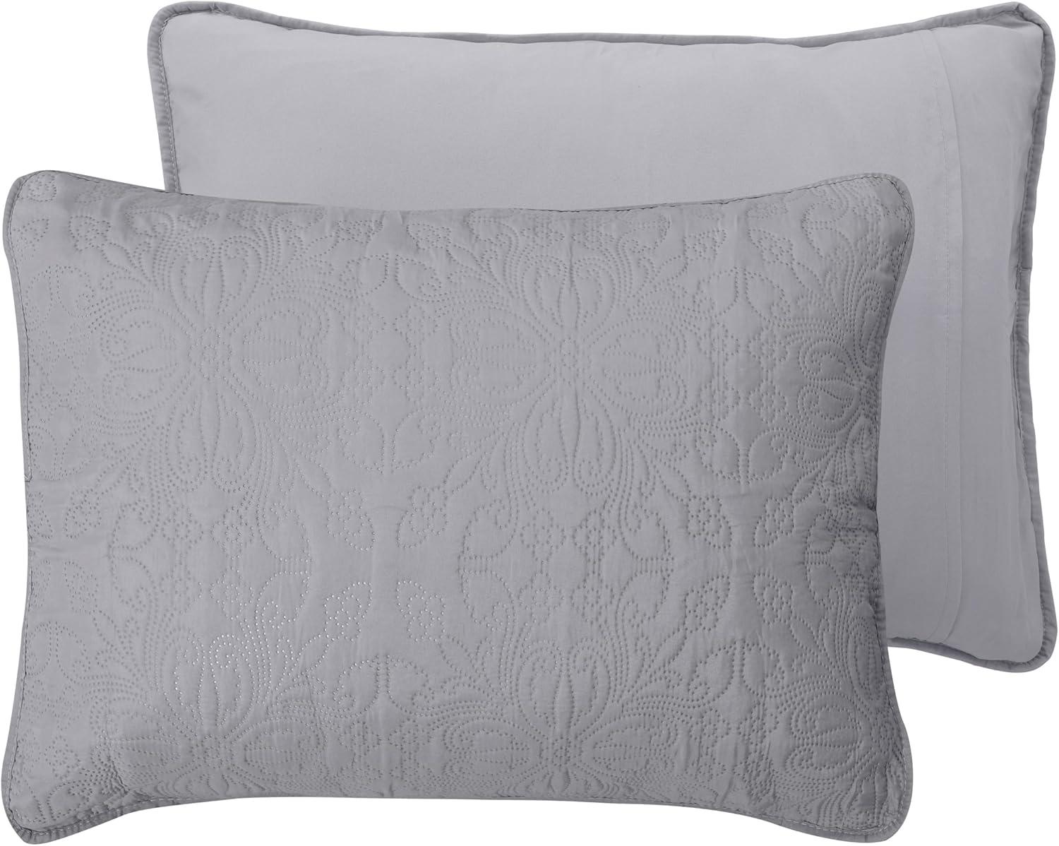 image:imageEasyGoing FullQueen Size Reversible Quilt Set with 1 Quilt and 2 Pillow Shams Soft Bed Quilt Cover Lightweight Microfiber Bedspread Water and Stain Resistant GrayLight GrayDamasklight GrayIvory