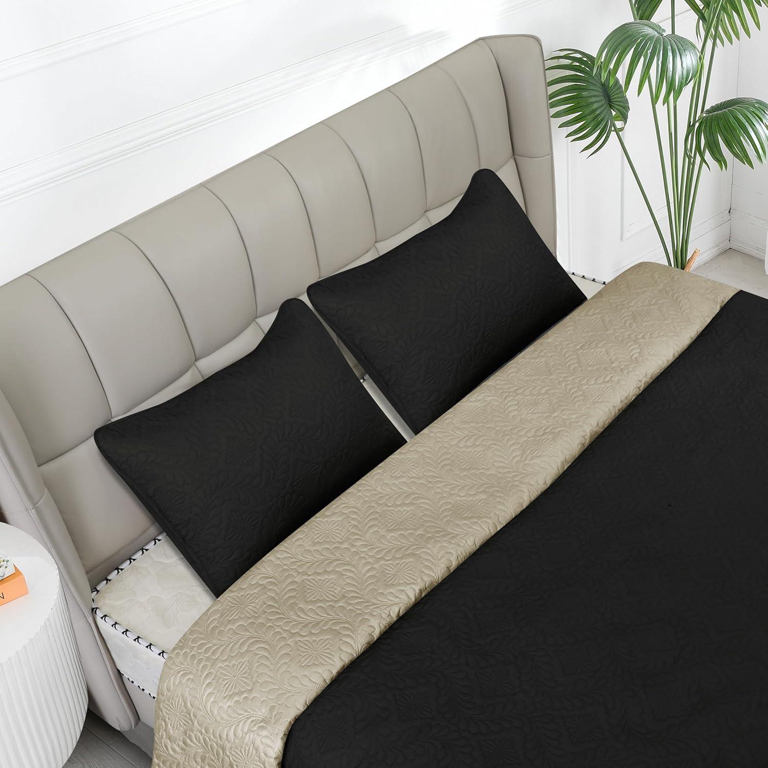 image:imageEasyGoing FullQueen Size Reversible Quilt Set with 1 Quilt and 2 Pillow Shams Soft Bed Quilt Cover Lightweight Microfiber Bedspread Water and Stain Resistant GrayLight GrayOlive LeafblackBeige