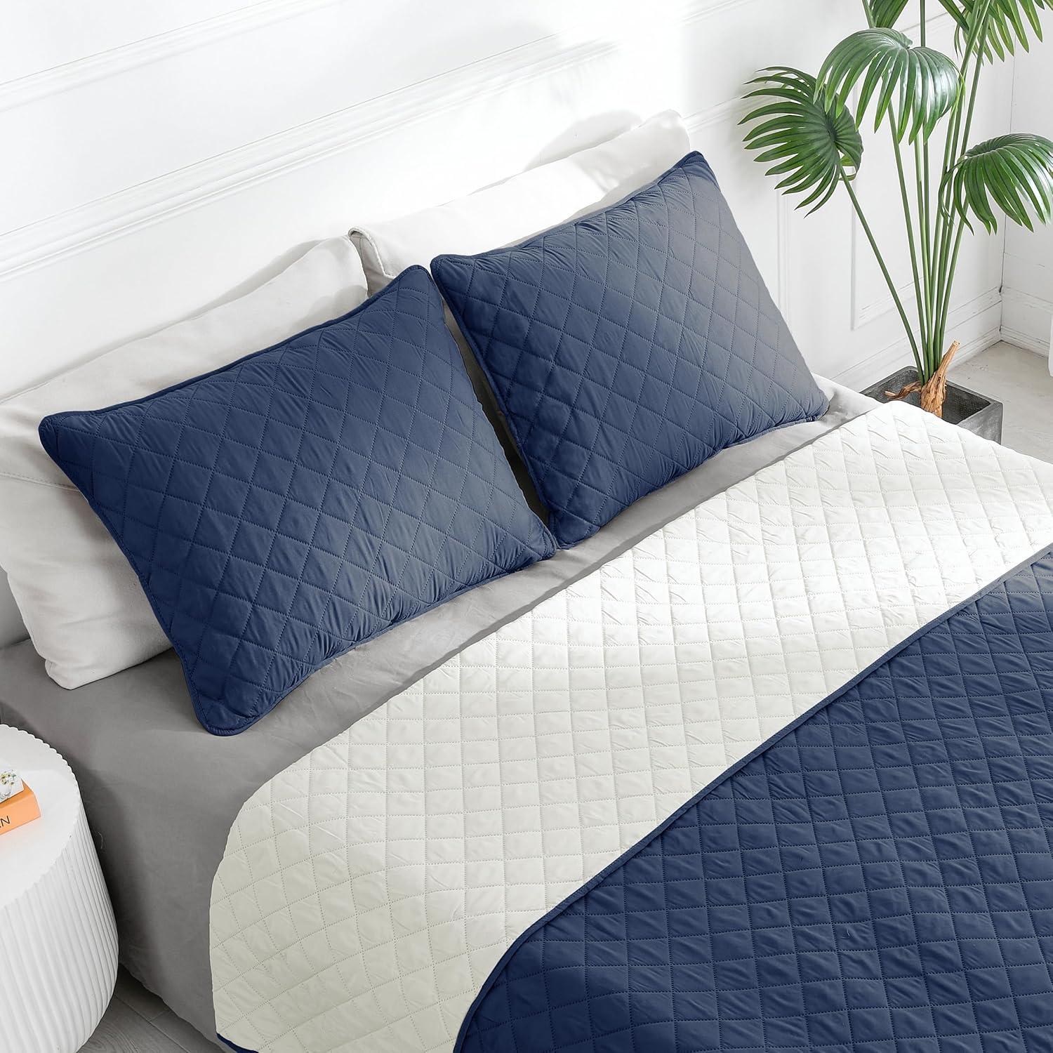image:imageEasyGoing FullQueen Size Reversible Quilt Set with 1 Quilt and 2 Pillow Shams Soft Bed Quilt Cover Lightweight Microfiber Bedspread Water and Stain Resistant GrayLight GrayNavyIvory