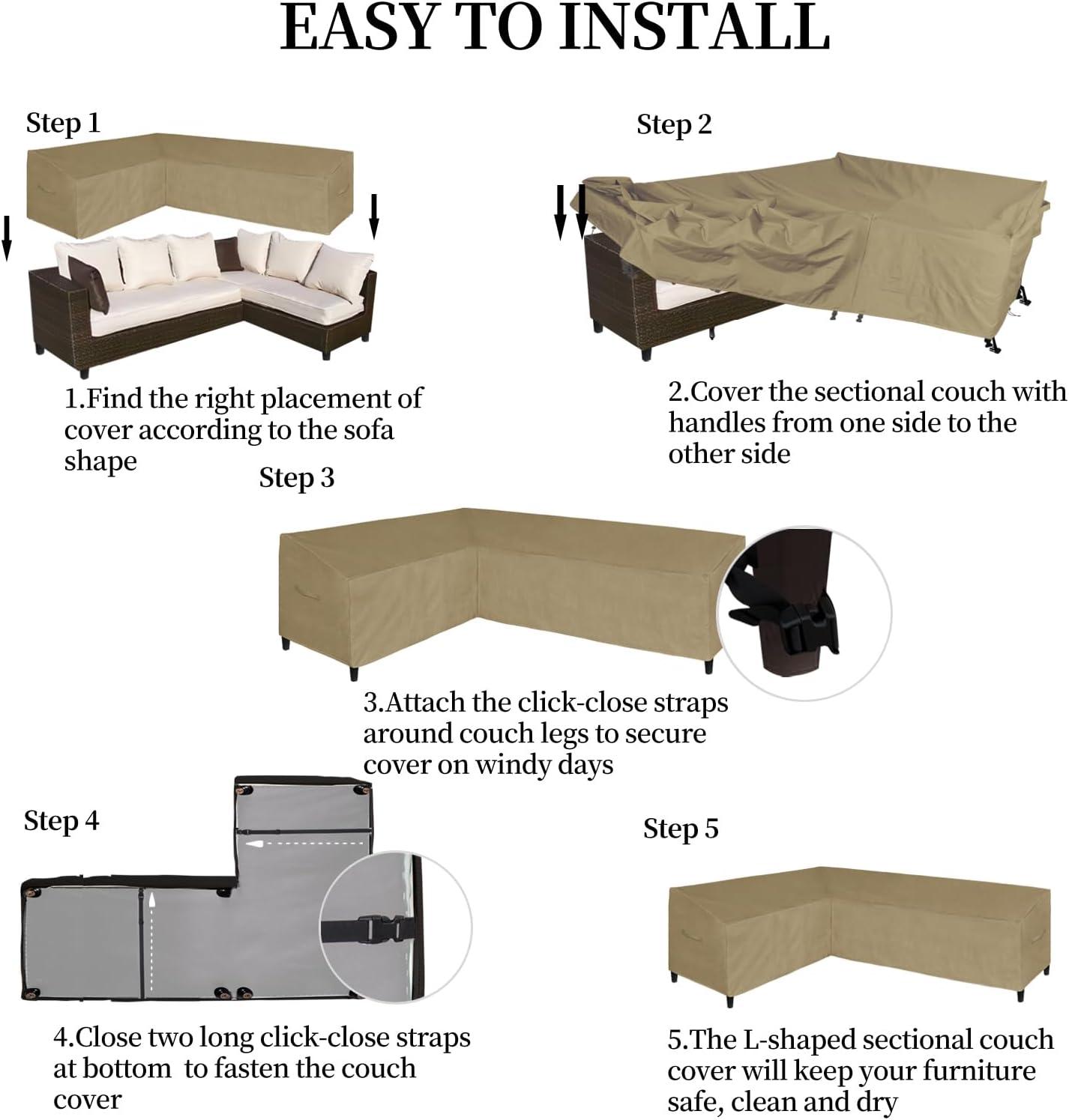 image:imageEasyGoing Patio VShaped Sectional Sofa Cover Waterproof Outdoor Sectional CoverHeavy Duty Garden Furniture Cover with Air Vent 89 L on Each Side x 335 D x 31 H BlackCamel