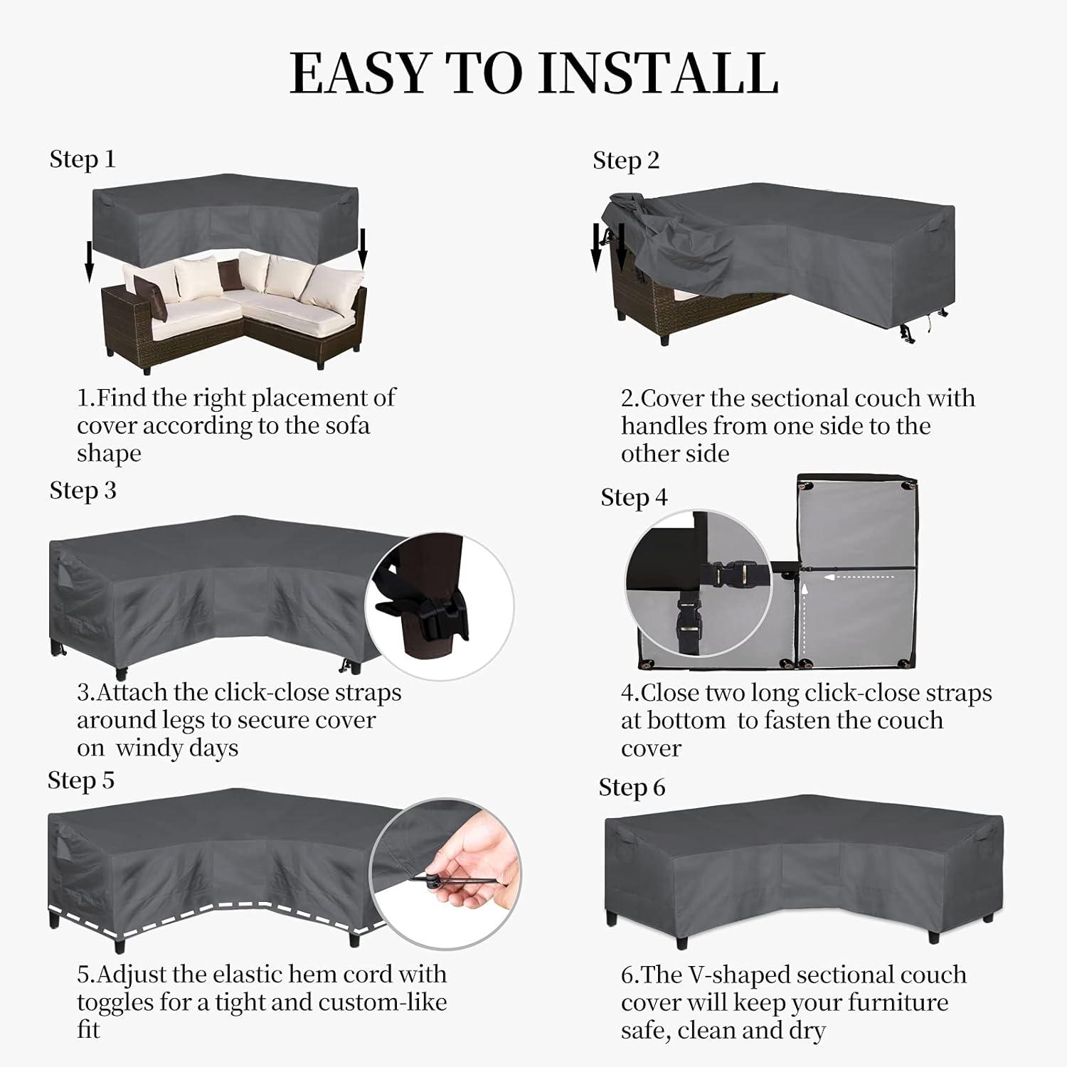 image:imageEasyGoing Patio VShaped Sectional Sofa Cover Waterproof Outdoor Sectional CoverHeavy Duty Garden Furniture Cover with Air Vent 89 L on Each Side x 335 D x 31 H BlackDark Gray