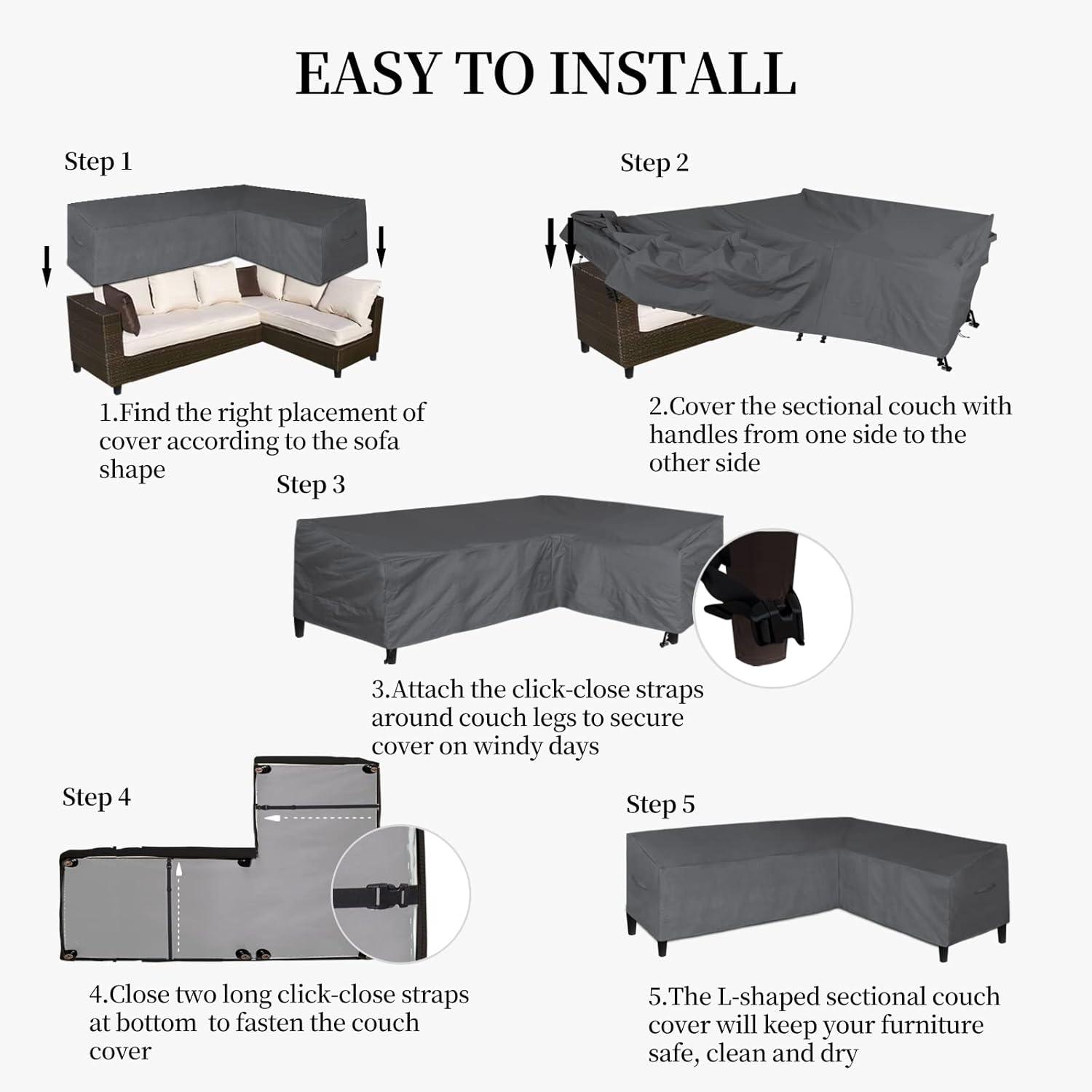 image:imageEasyGoing Patio VShaped Sectional Sofa Cover Waterproof Outdoor Sectional CoverHeavy Duty Garden Furniture Cover with Air Vent 89 L on Each Side x 335 D x 31 H BlackDark Gray