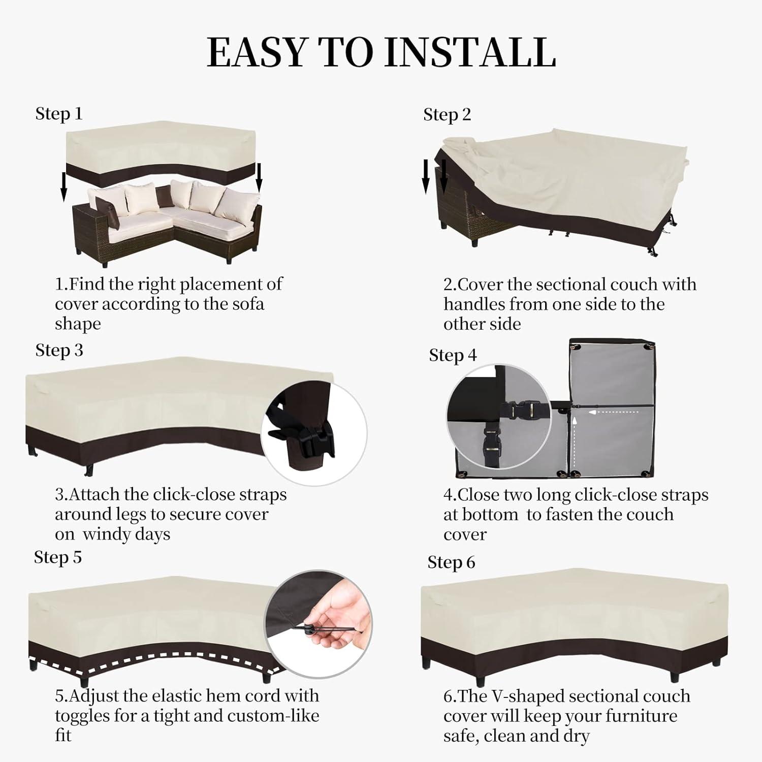 image:imageEasyGoing Patio VShaped Sectional Sofa Cover Waterproof Outdoor Sectional CoverHeavy Duty Garden Furniture Cover with Air Vent 89 L on Each Side x 335 D x 31 H BlackBeigeDark Brown