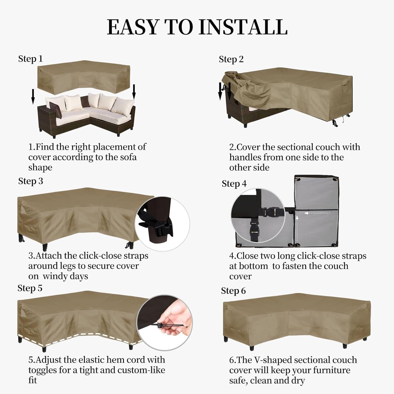 image:imageEasyGoing Patio VShaped Sectional Sofa Cover Waterproof Outdoor Sectional CoverHeavy Duty Garden Furniture Cover with Air Vent 89 L on Each Side x 335 D x 31 H BlackCamel