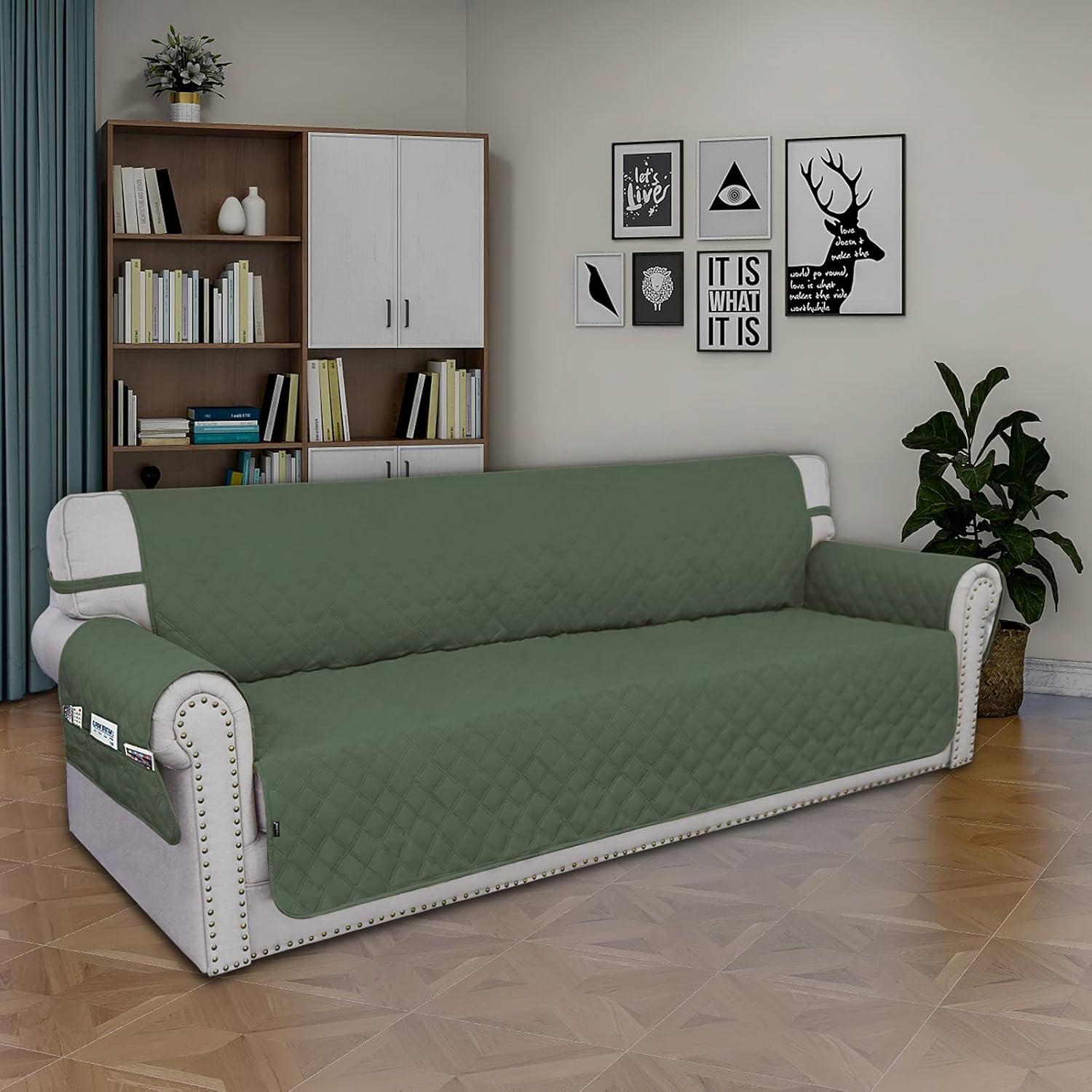 image:imageEasyGoing Sofa Slipcover Waterproof Couch Cover for 3 Cushion Couch Sofa Cover Furniture Protector Cover Pets Covers Washable NonSlip Fabric Pets Kids Children Dog Cat Sofa ChocolateGreyish Green