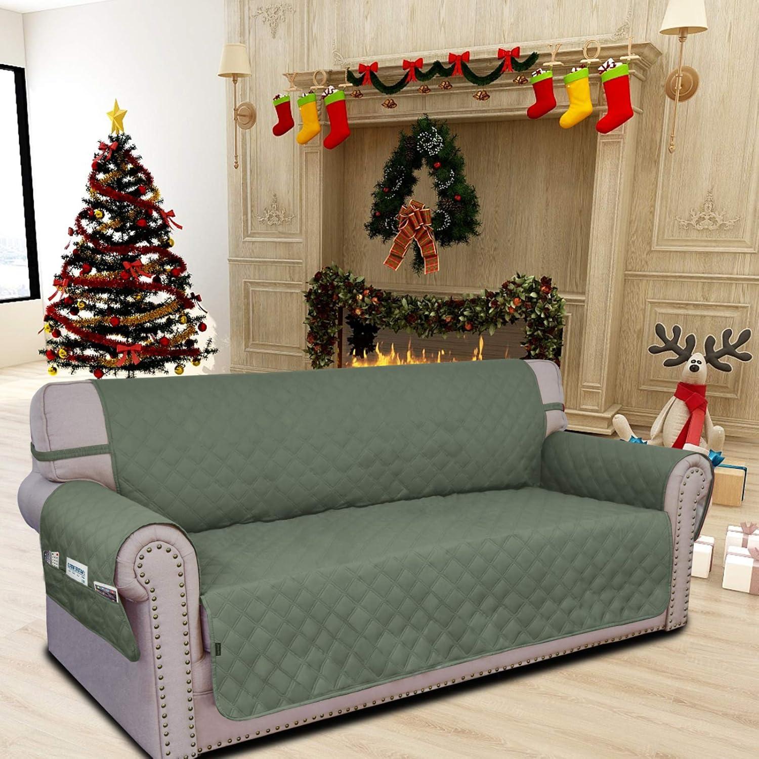 image:imageEasyGoing Sofa Slipcover Waterproof Couch Cover for 3 Cushion Couch Sofa Cover Furniture Protector Cover Pets Covers Washable NonSlip Fabric Pets Kids Children Dog Cat Sofa ChocolateGreyish Green