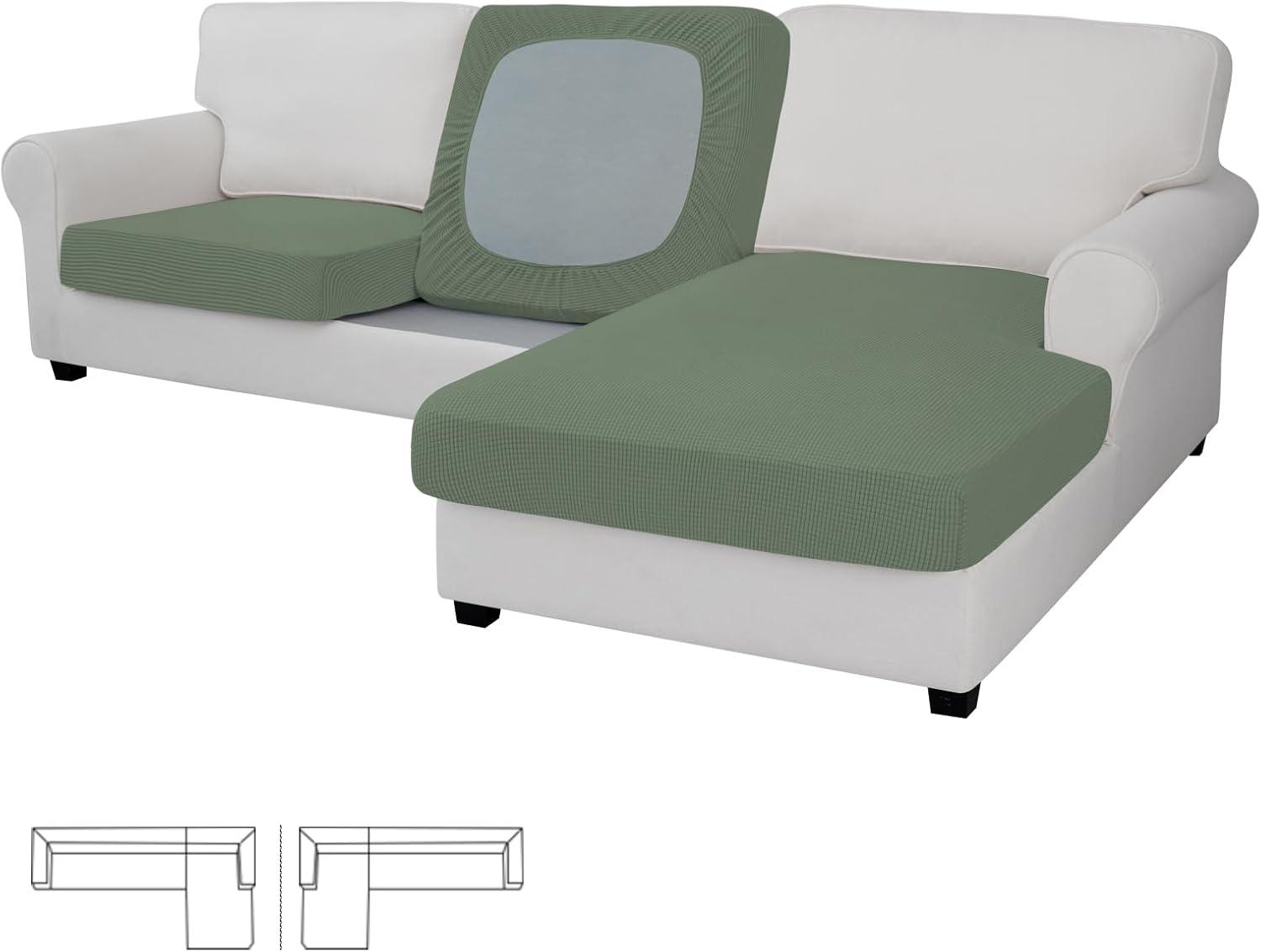 image:imageEasyGoing Stretch 4 Pieces Couch Cushion Covers for Sectional Sofa LeftRight L Shape Chaise Lounge Sofa Seat slipcover AntiSlip Sofa Cover Soft 3 Seater 1 Chaise Dark GrayGreyish Green
