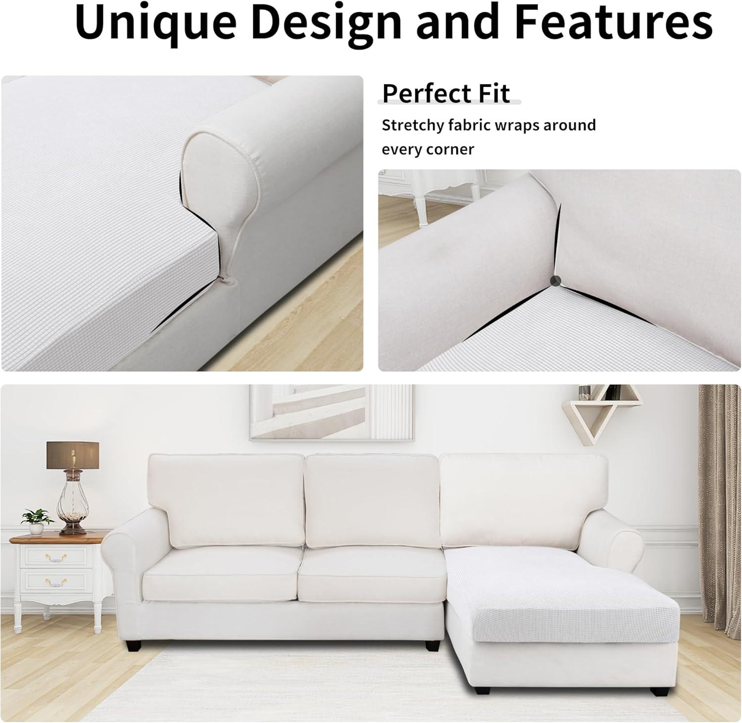 image:imageEasyGoing Stretch 4 Pieces Couch Cushion Covers for Sectional Sofa LeftRight L Shape Chaise Lounge Sofa Seat slipcover AntiSlip Sofa Cover Soft 3 Seater 1 Chaise Dark GraySnow White