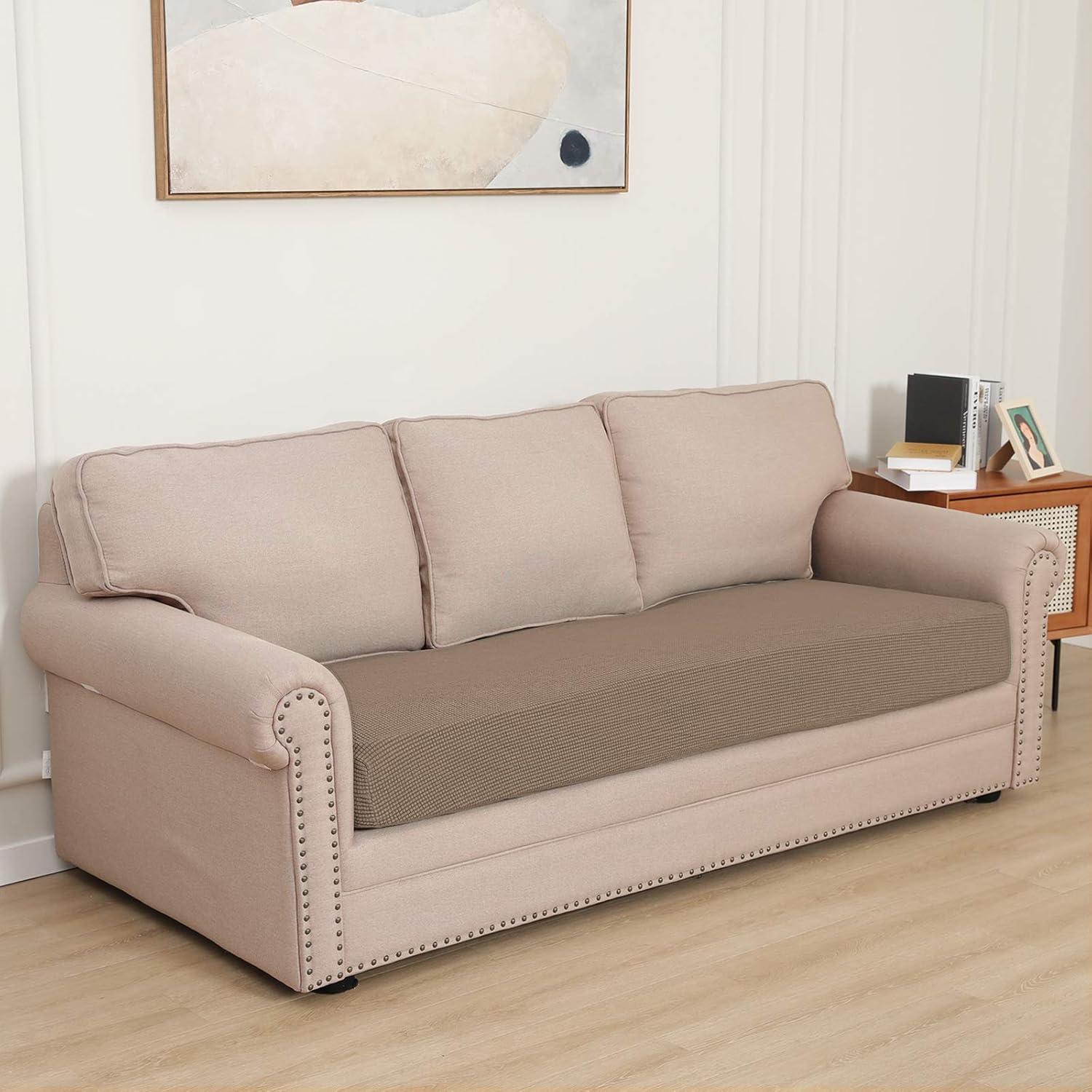 image:imageEasyGoing Stretch 4 Pieces Couch Cushion Covers for Sectional Sofa LeftRight L Shape Chaise Lounge Sofa Seat slipcover AntiSlip Sofa Cover Soft 3 Seater 1 Chaise Dark GrayCamel