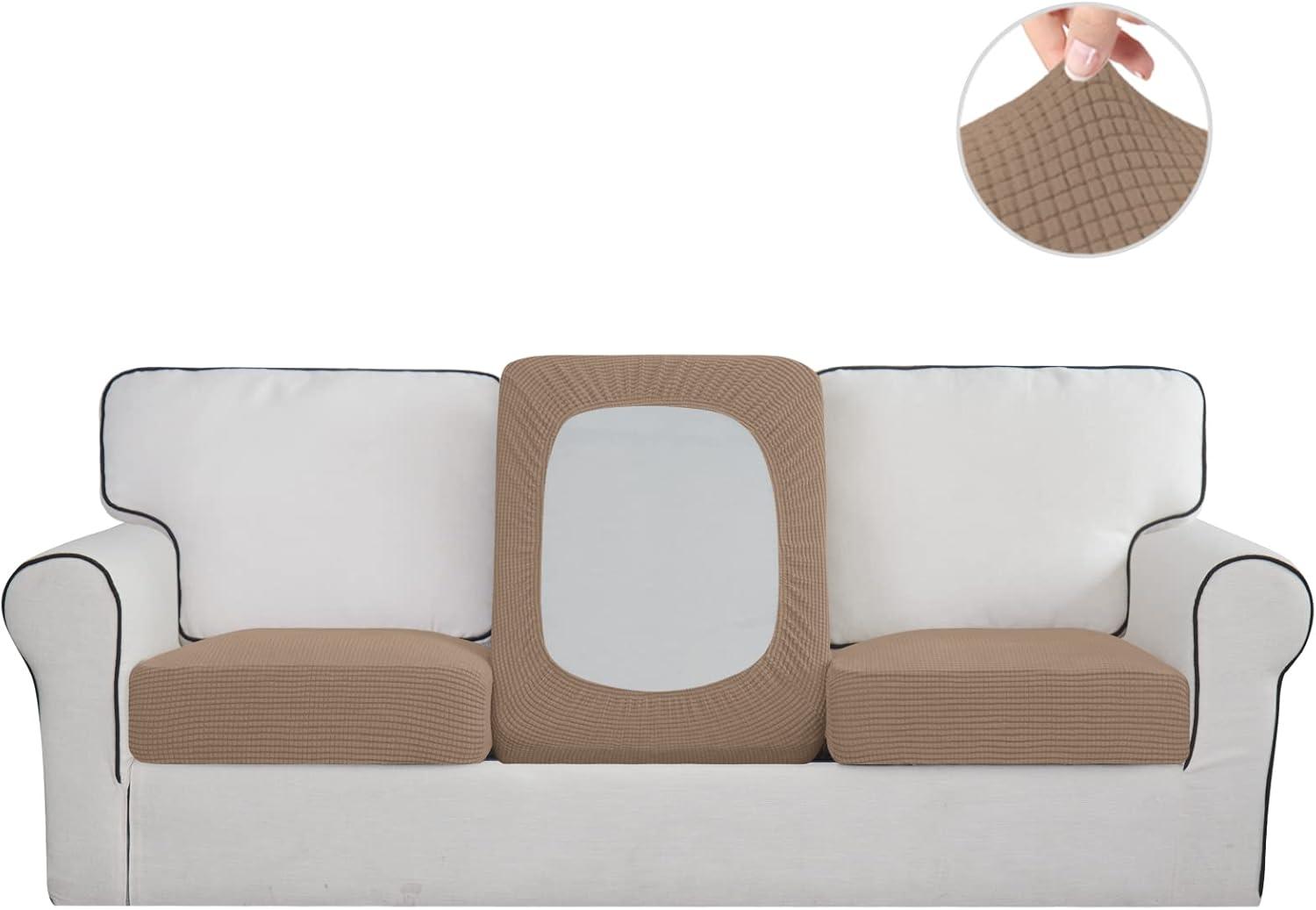image:imageEasyGoing Stretch 4 Pieces Couch Cushion Covers for Sectional Sofa LeftRight L Shape Chaise Lounge Sofa Seat slipcover AntiSlip Sofa Cover Soft 3 Seater 1 Chaise Dark GrayCamel