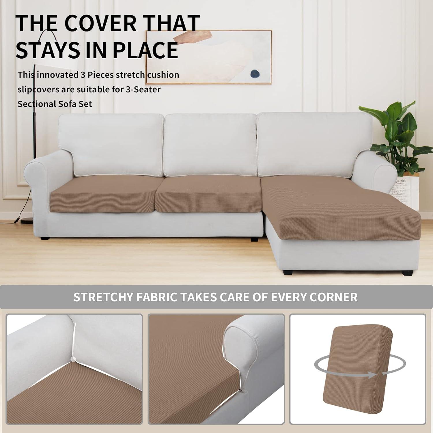 image:imageEasyGoing Stretch 4 Pieces Couch Cushion Covers for Sectional Sofa LeftRight L Shape Chaise Lounge Sofa Seat slipcover AntiSlip Sofa Cover Soft 3 Seater 1 Chaise Dark GrayCamel
