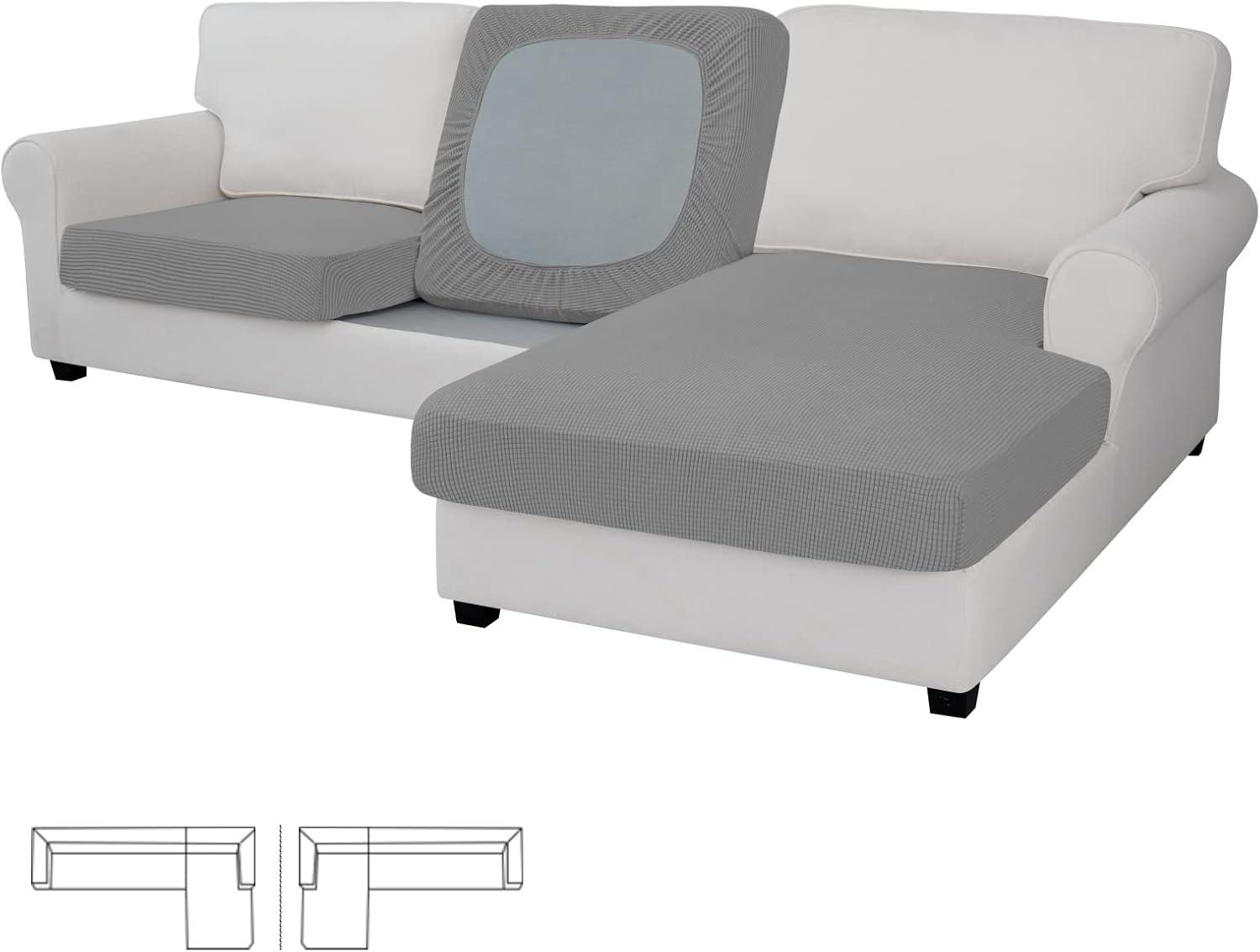 image:imageEasyGoing Stretch 4 Pieces Couch Cushion Covers for Sectional Sofa LeftRight L Shape Chaise Lounge Sofa Seat slipcover AntiSlip Sofa Cover Soft 3 Seater 1 Chaise Dark GrayLight Gray