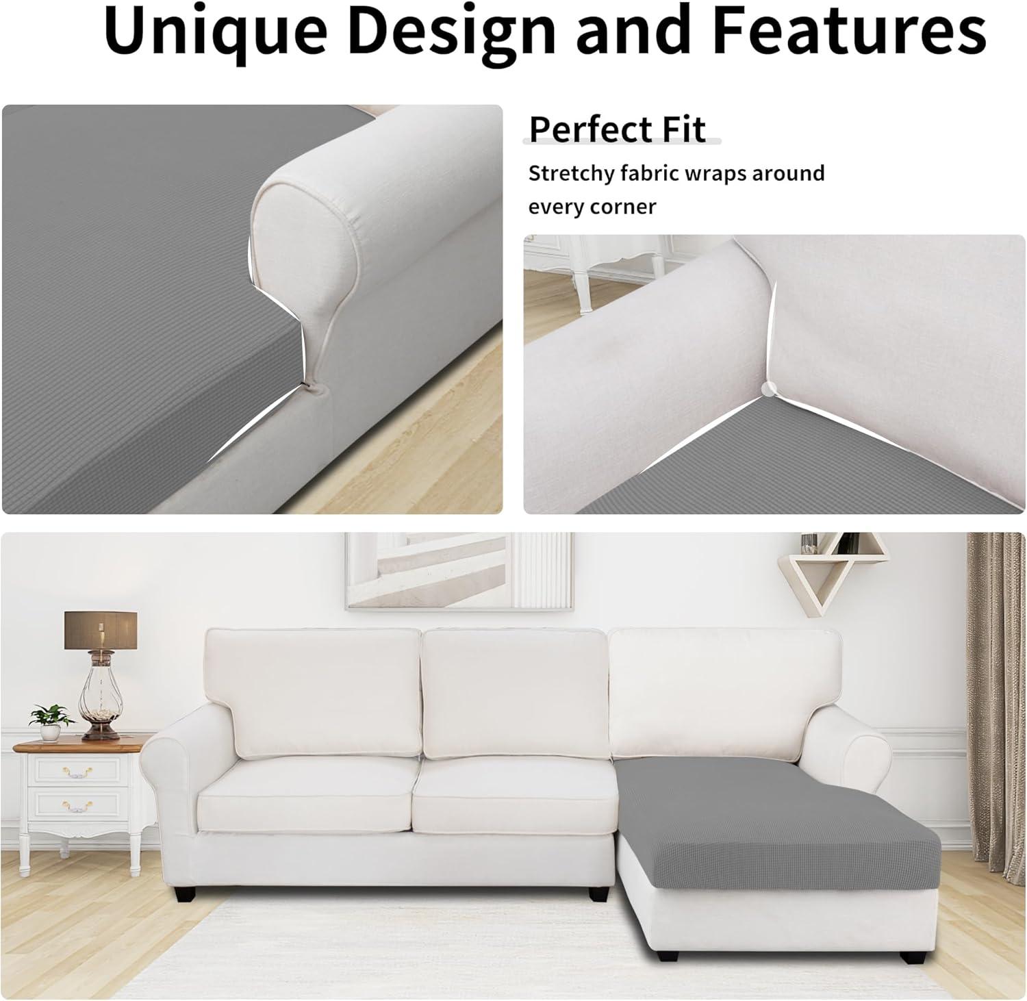image:imageEasyGoing Stretch 4 Pieces Couch Cushion Covers for Sectional Sofa LeftRight L Shape Chaise Lounge Sofa Seat slipcover AntiSlip Sofa Cover Soft 3 Seater 1 Chaise Dark GrayLight Gray