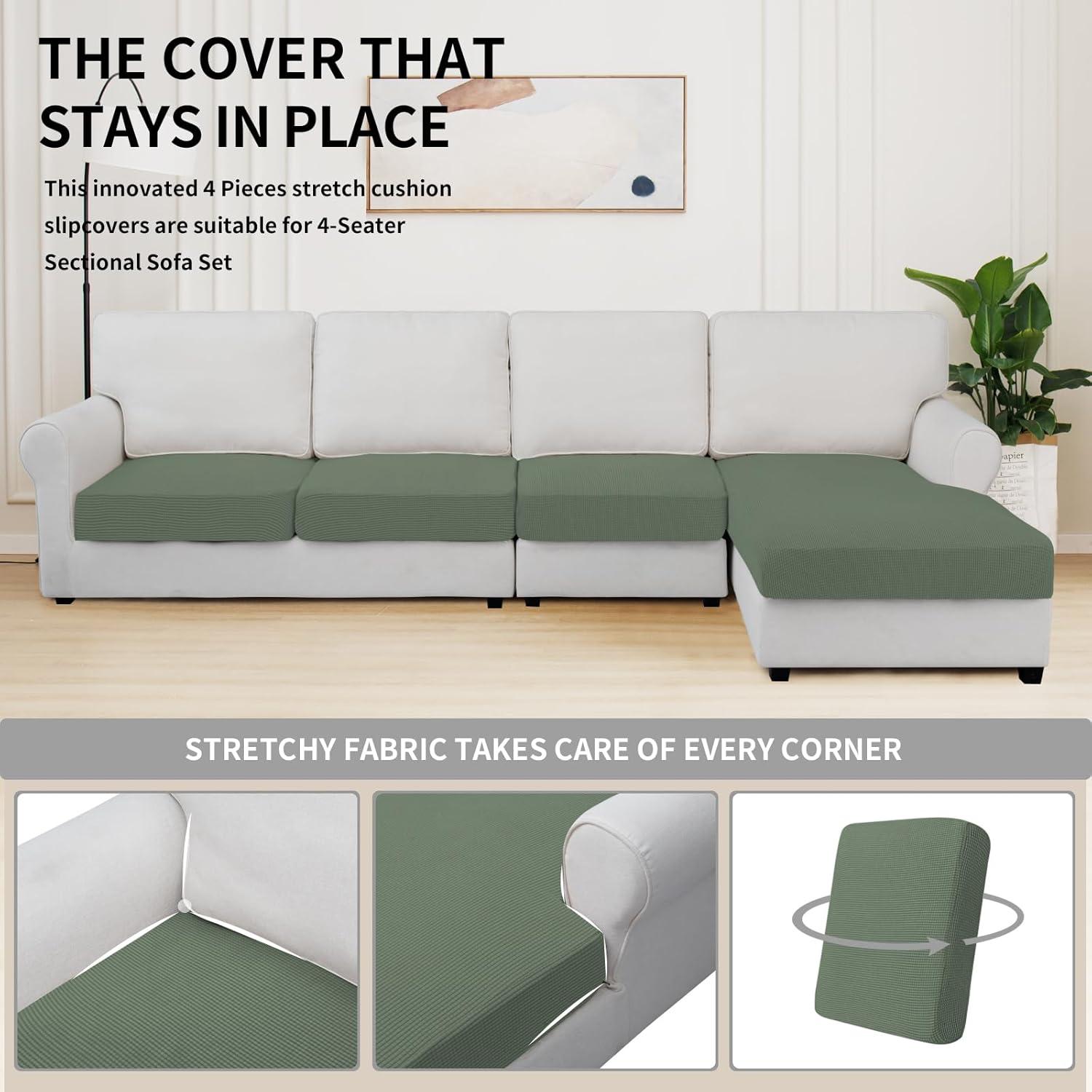 image:imageEasyGoing Stretch 4 Pieces Couch Cushion Covers for Sectional Sofa LeftRight L Shape Chaise Lounge Sofa Seat slipcover AntiSlip Sofa Cover Soft 3 Seater 1 Chaise Dark GrayGreyish Green