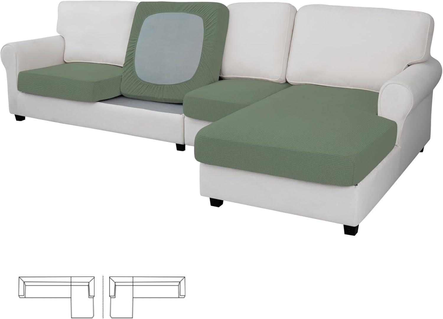 image:imageEasyGoing Stretch 4 Pieces Couch Cushion Covers for Sectional Sofa LeftRight L Shape Chaise Lounge Sofa Seat slipcover AntiSlip Sofa Cover Soft 3 Seater 1 Chaise Dark GrayGreyish Green
