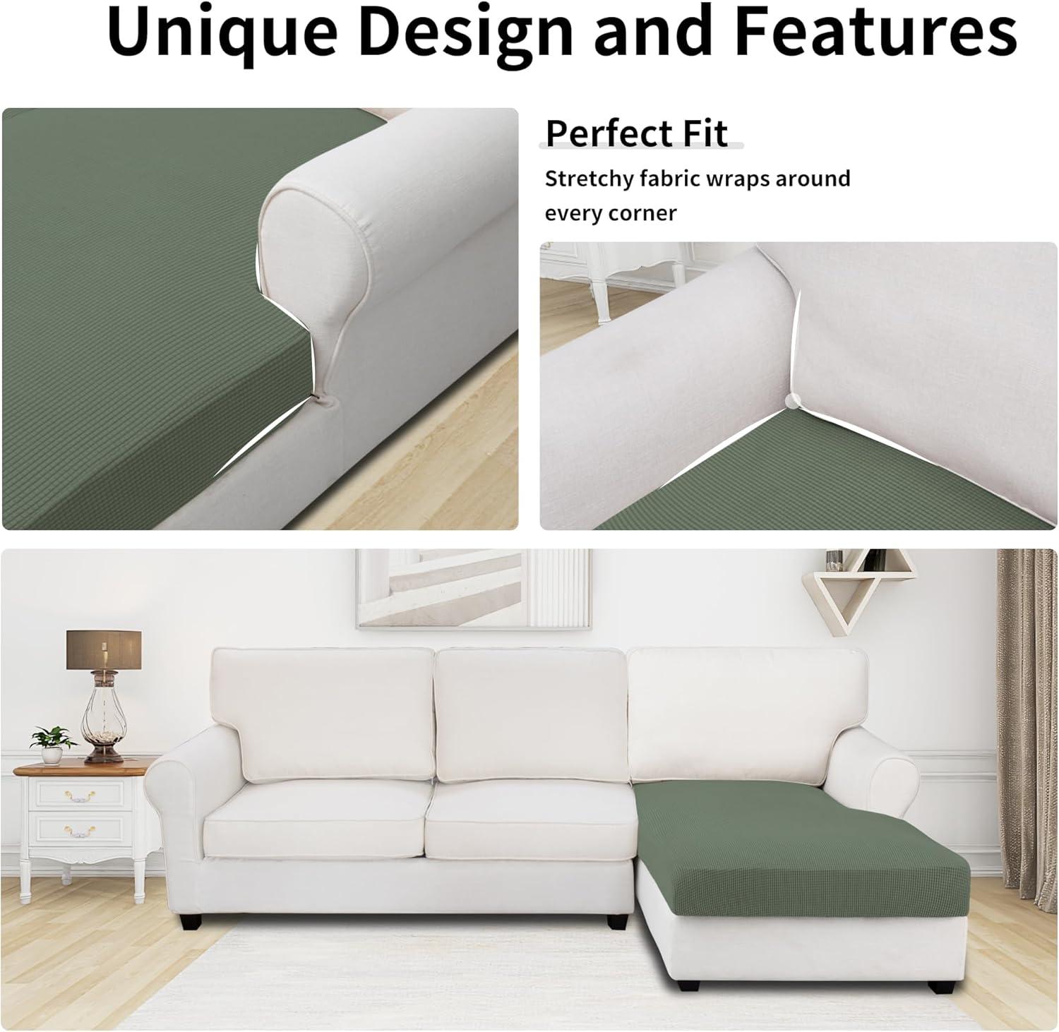 image:imageEasyGoing Stretch 4 Pieces Couch Cushion Covers for Sectional Sofa LeftRight L Shape Chaise Lounge Sofa Seat slipcover AntiSlip Sofa Cover Soft 3 Seater 1 Chaise Dark GrayGreyish Green