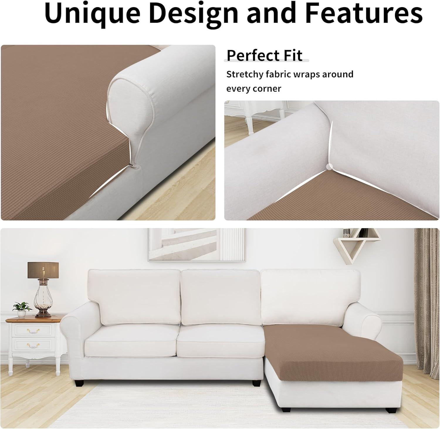 image:imageEasyGoing Stretch 4 Pieces Couch Cushion Covers for Sectional Sofa LeftRight L Shape Chaise Lounge Sofa Seat slipcover AntiSlip Sofa Cover Soft 3 Seater 1 Chaise Dark GrayCamel