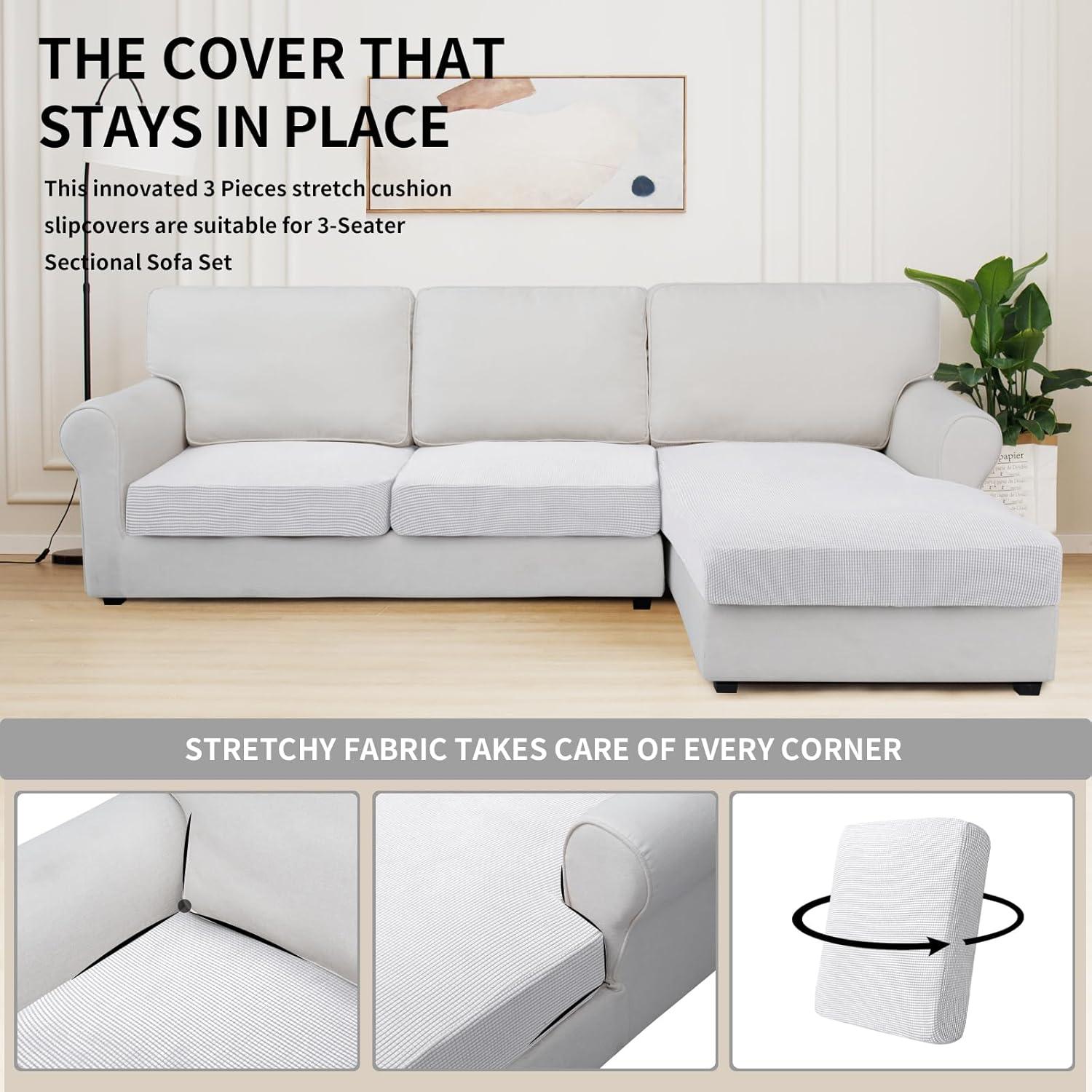 image:imageEasyGoing Stretch 4 Pieces Couch Cushion Covers for Sectional Sofa LeftRight L Shape Chaise Lounge Sofa Seat slipcover AntiSlip Sofa Cover Soft 3 Seater 1 Chaise Dark GraySnow White