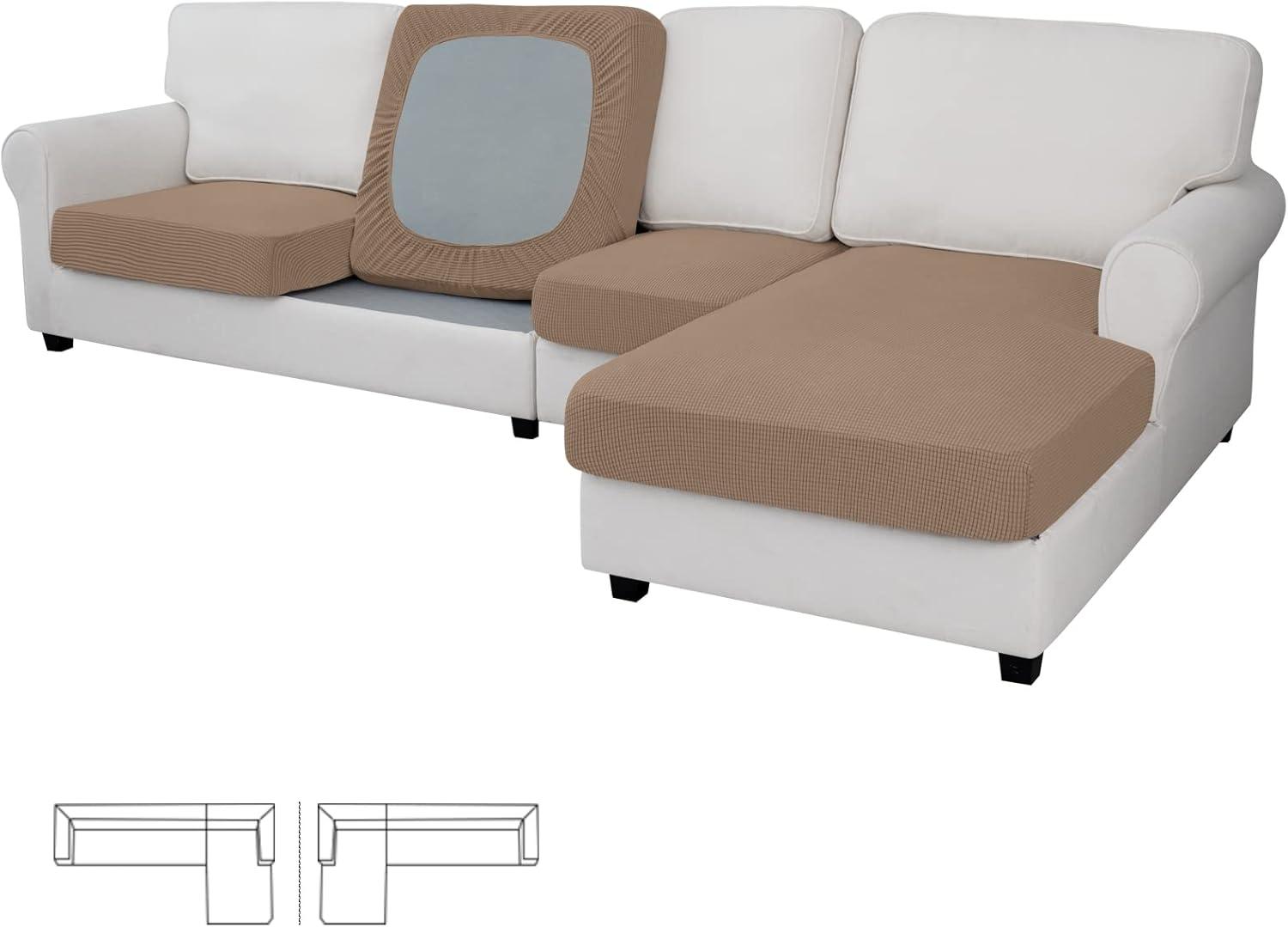 image:imageEasyGoing Stretch 4 Pieces Couch Cushion Covers for Sectional Sofa LeftRight L Shape Chaise Lounge Sofa Seat slipcover AntiSlip Sofa Cover Soft 3 Seater 1 Chaise Dark GrayCamel