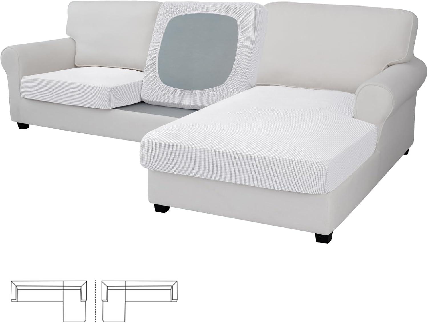 image:imageEasyGoing Stretch 4 Pieces Couch Cushion Covers for Sectional Sofa LeftRight L Shape Chaise Lounge Sofa Seat slipcover AntiSlip Sofa Cover Soft 3 Seater 1 Chaise Dark GraySnow White
