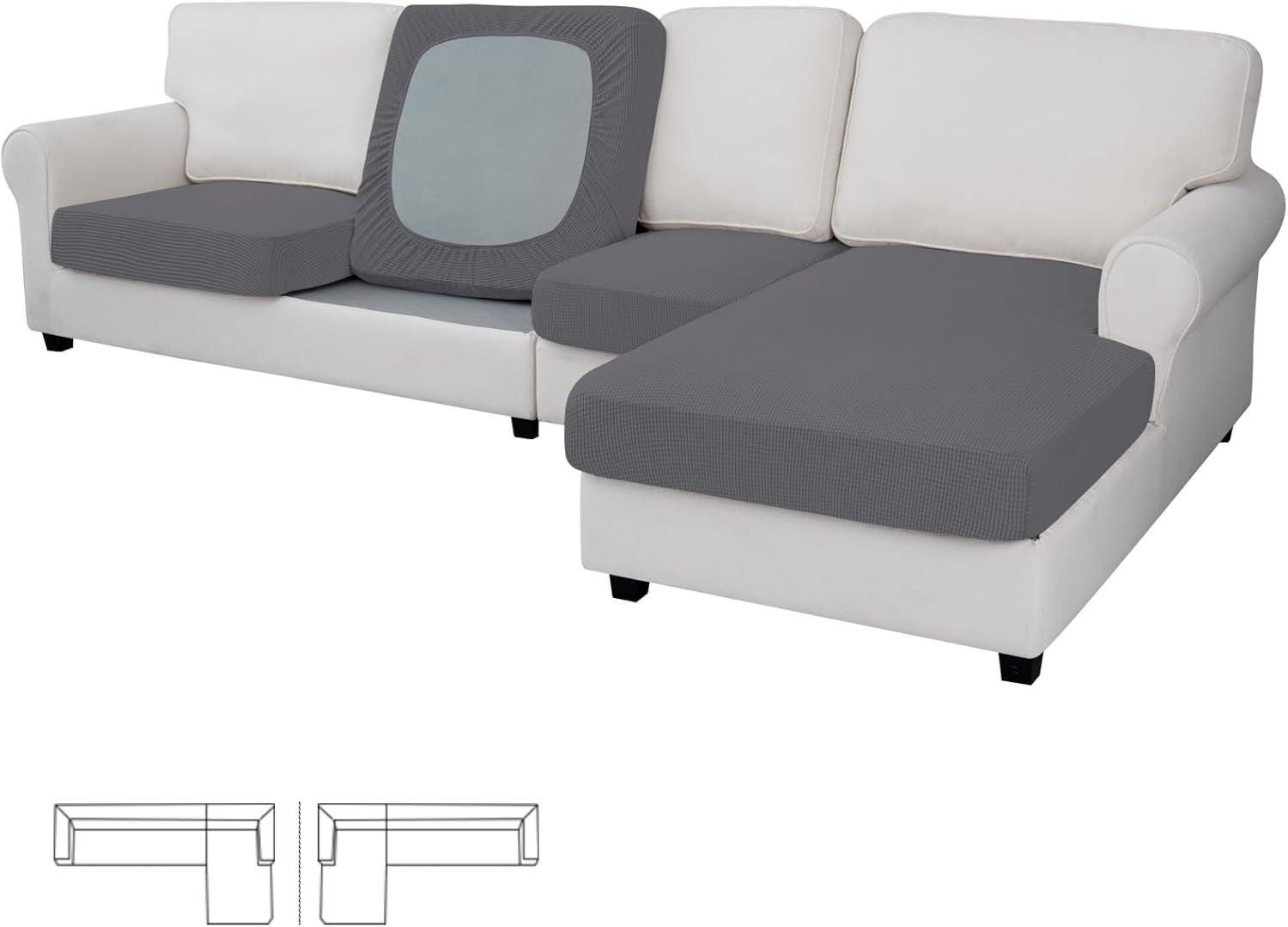 image:imageEasyGoing Stretch 4 Pieces Couch Cushion Covers for Sectional Sofa LeftRight L Shape Chaise Lounge Sofa Seat slipcover AntiSlip Sofa Cover Soft 3 Seater 1 Chaise Dark GrayGrey