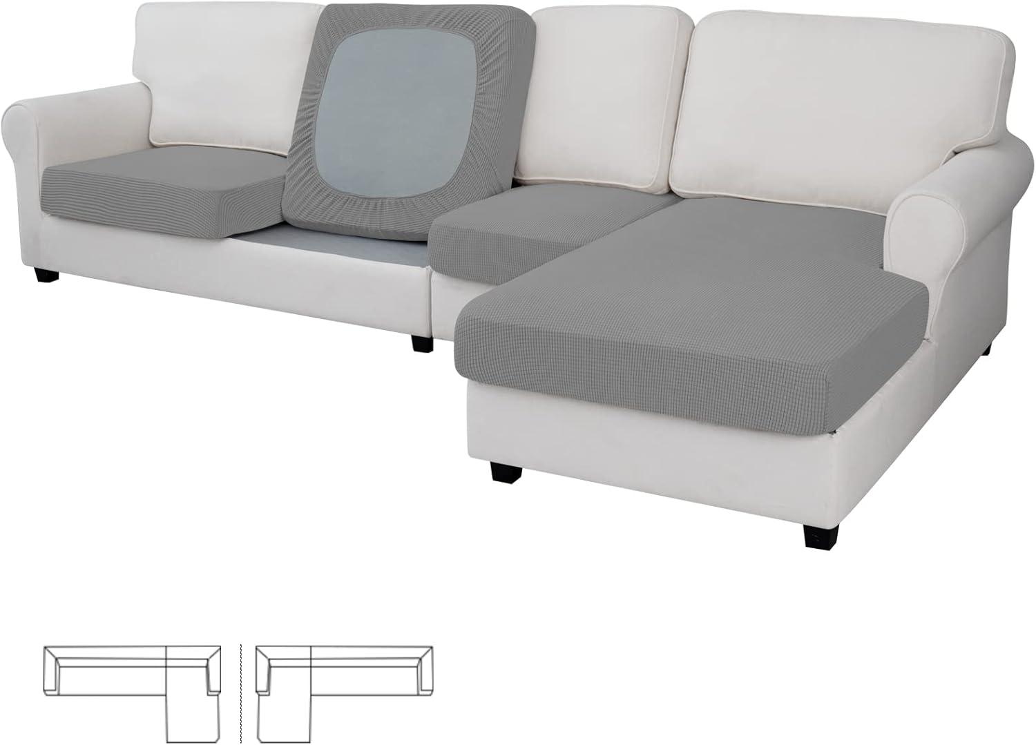 image:imageEasyGoing Stretch 4 Pieces Couch Cushion Covers for Sectional Sofa LeftRight L Shape Chaise Lounge Sofa Seat slipcover AntiSlip Sofa Cover Soft 3 Seater 1 Chaise Dark GrayLight Gray